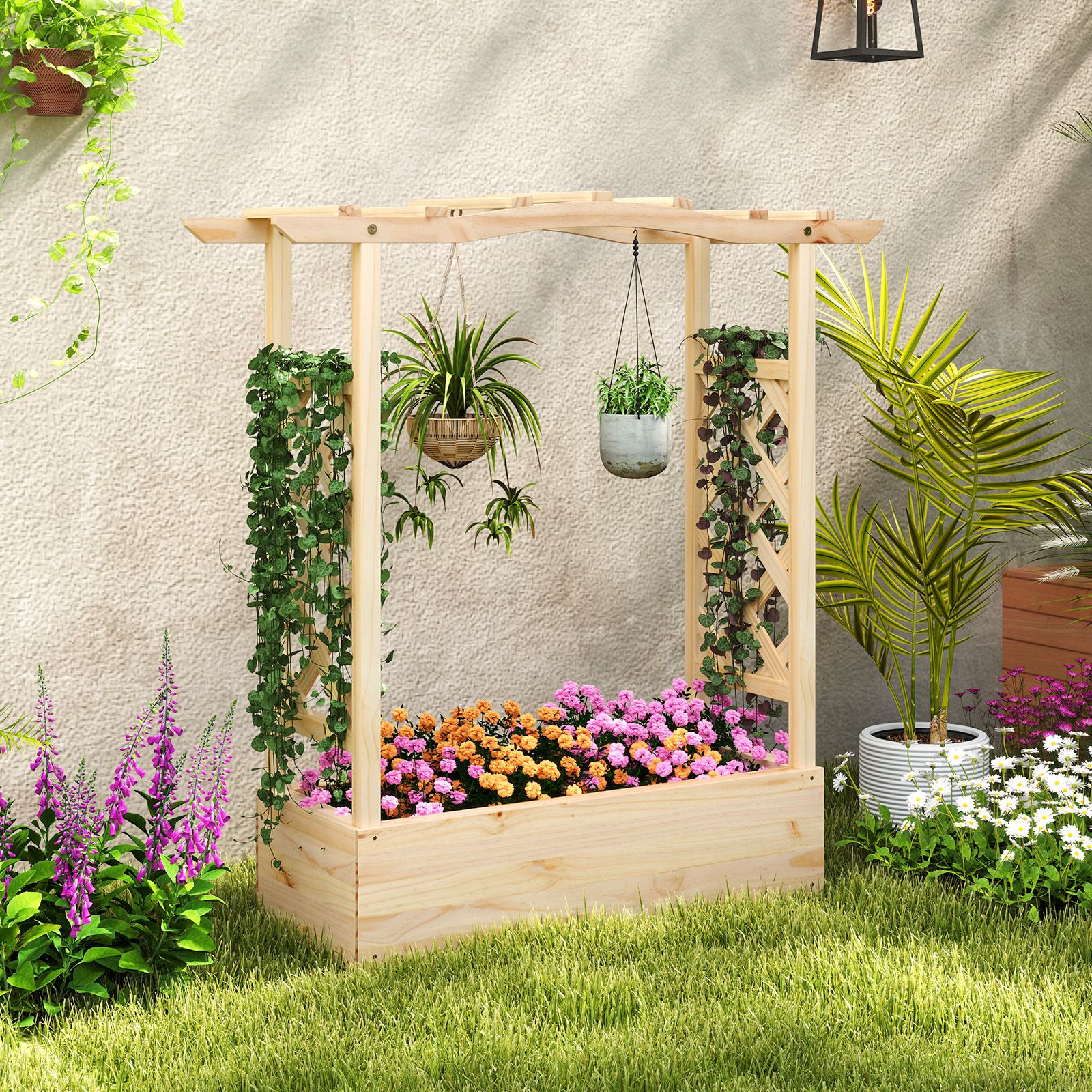 Wooden Raised Garden Bed Planter Box, Trellis and Hanging Roof