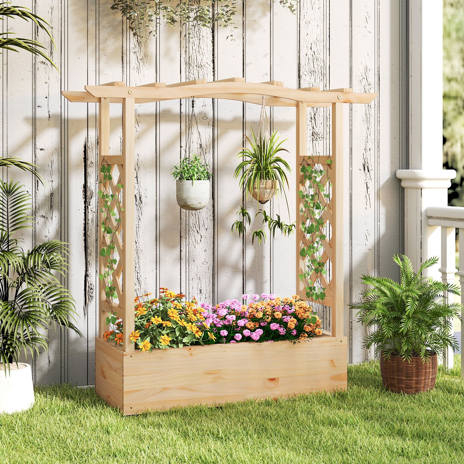 Wooden Raised Garden Bed Planter Box, Trellis and Hanging Roof