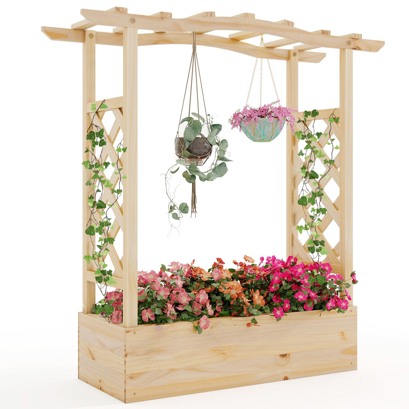 Wooden Raised Garden Bed Planter Box, Trellis and Hanging Roof