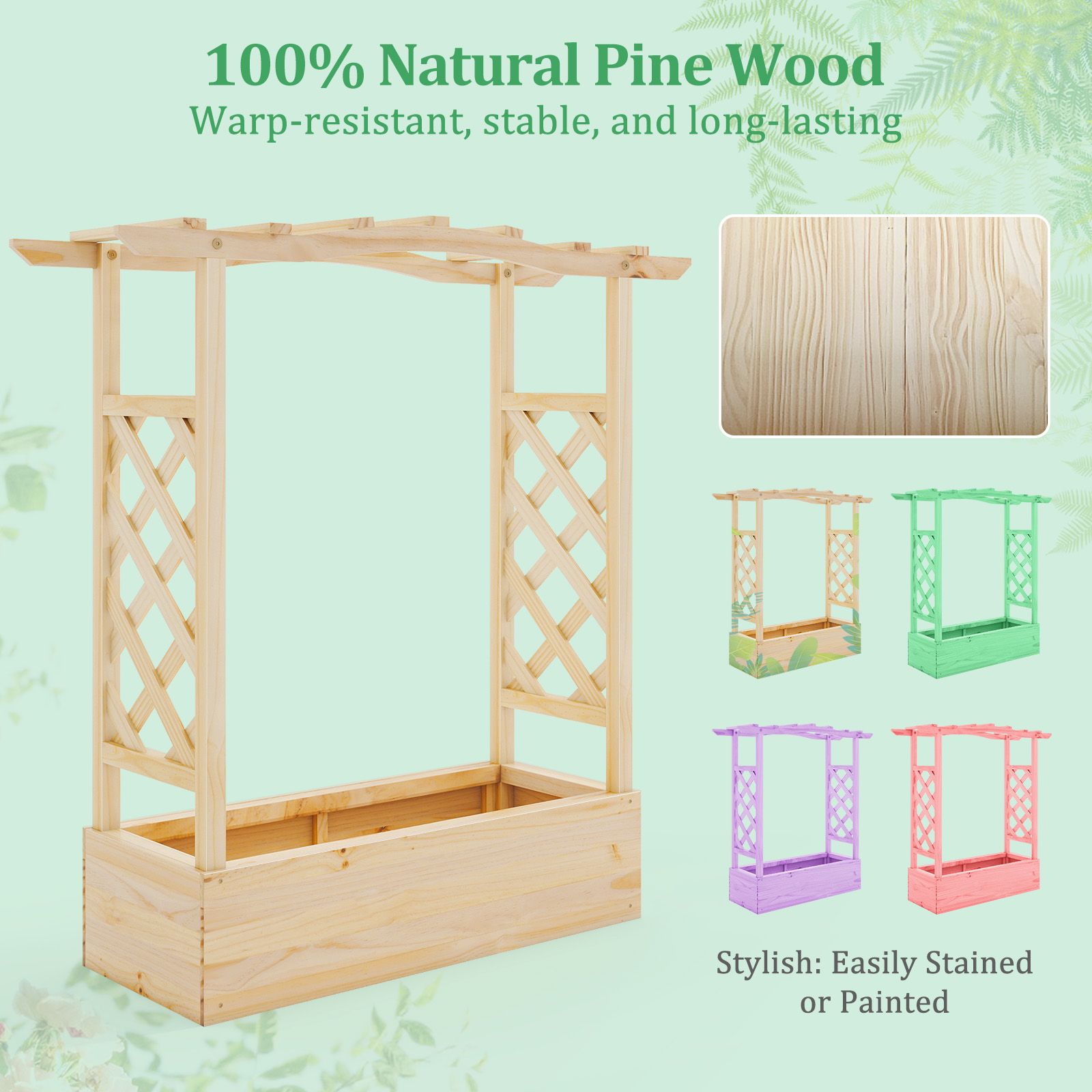 Wooden Raised Garden Bed Planter Box, Trellis and Hanging Roof