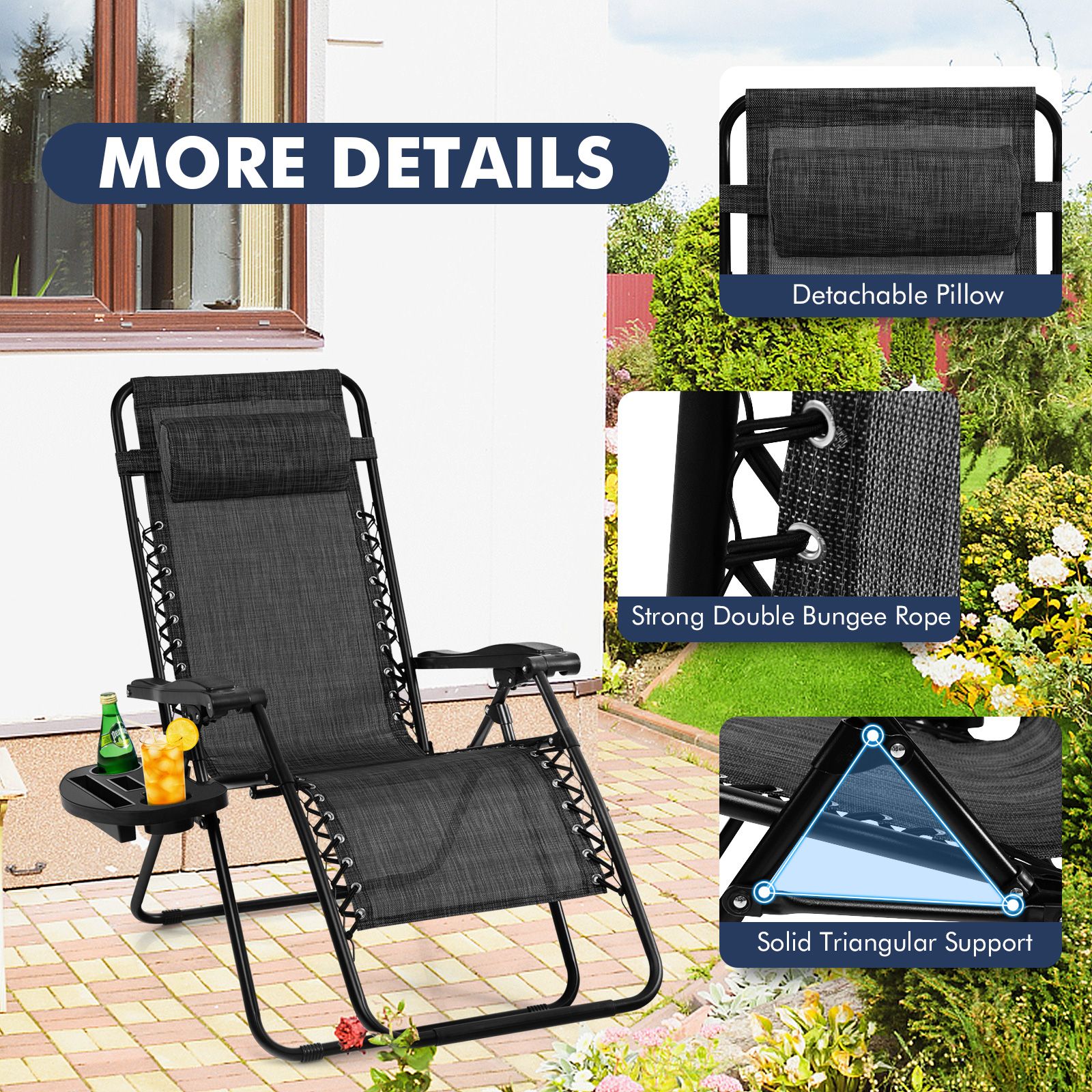 Outdoor Folding Zero Gravity Reclining Lounge Chair, Utility Tray