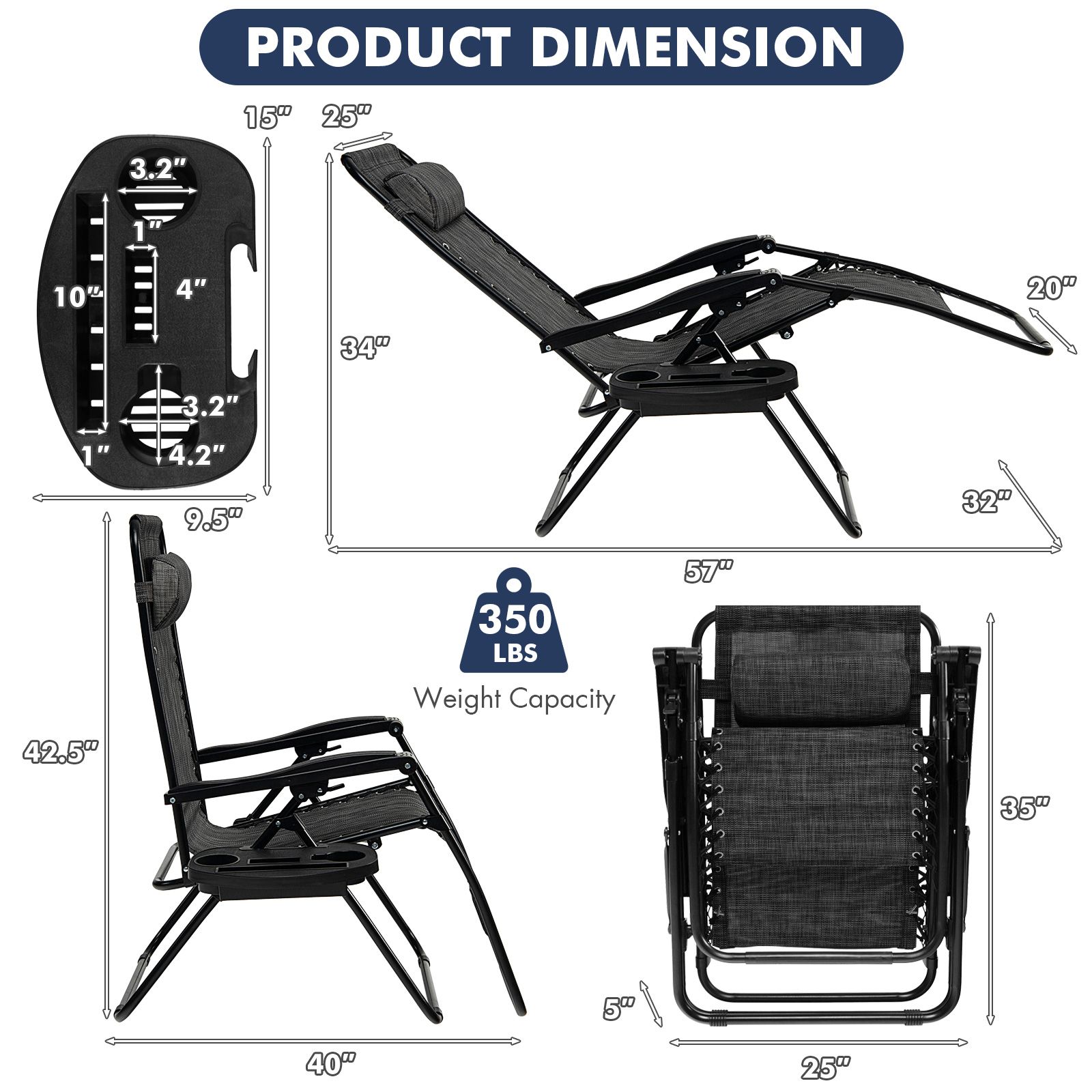 Outdoor Folding Zero Gravity Reclining Lounge Chair, Utility Tray