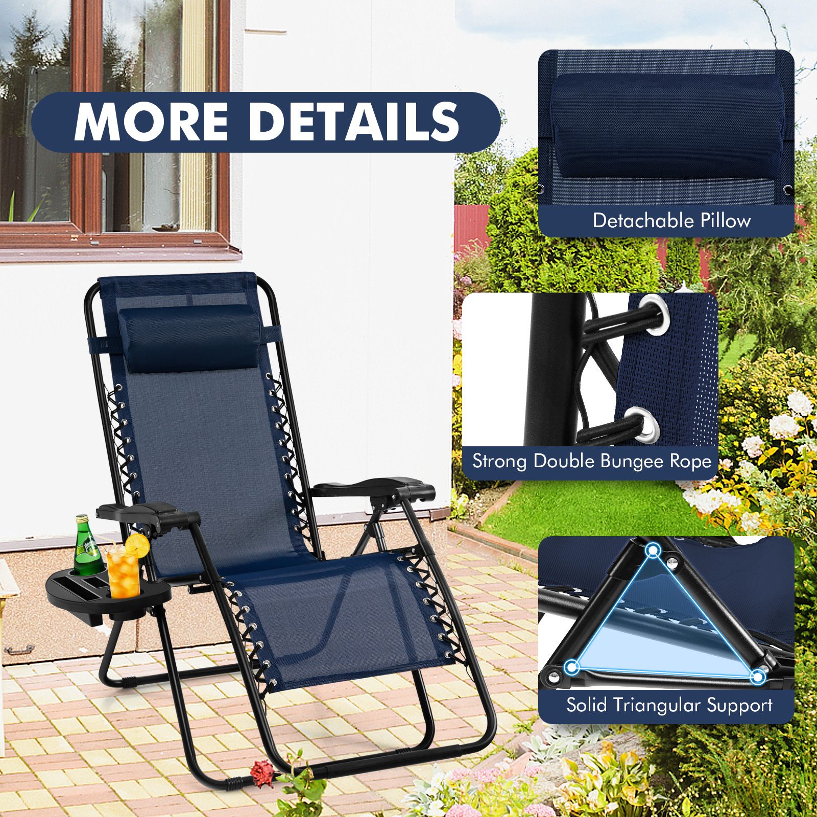 Outdoor Folding Zero Gravity Reclining Lounge Chair, Utility Tray