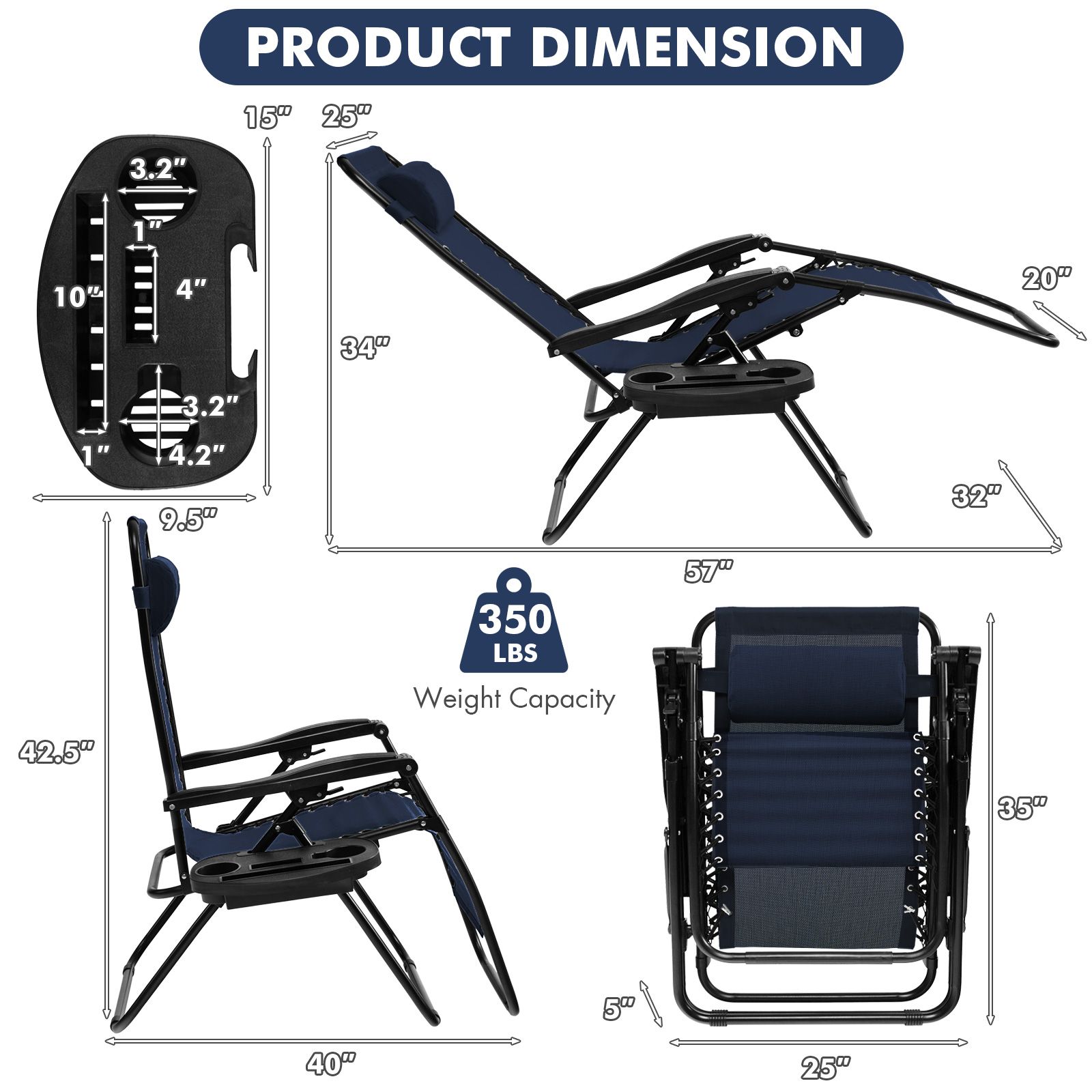 Outdoor Folding Zero Gravity Reclining Lounge Chair, Utility Tray