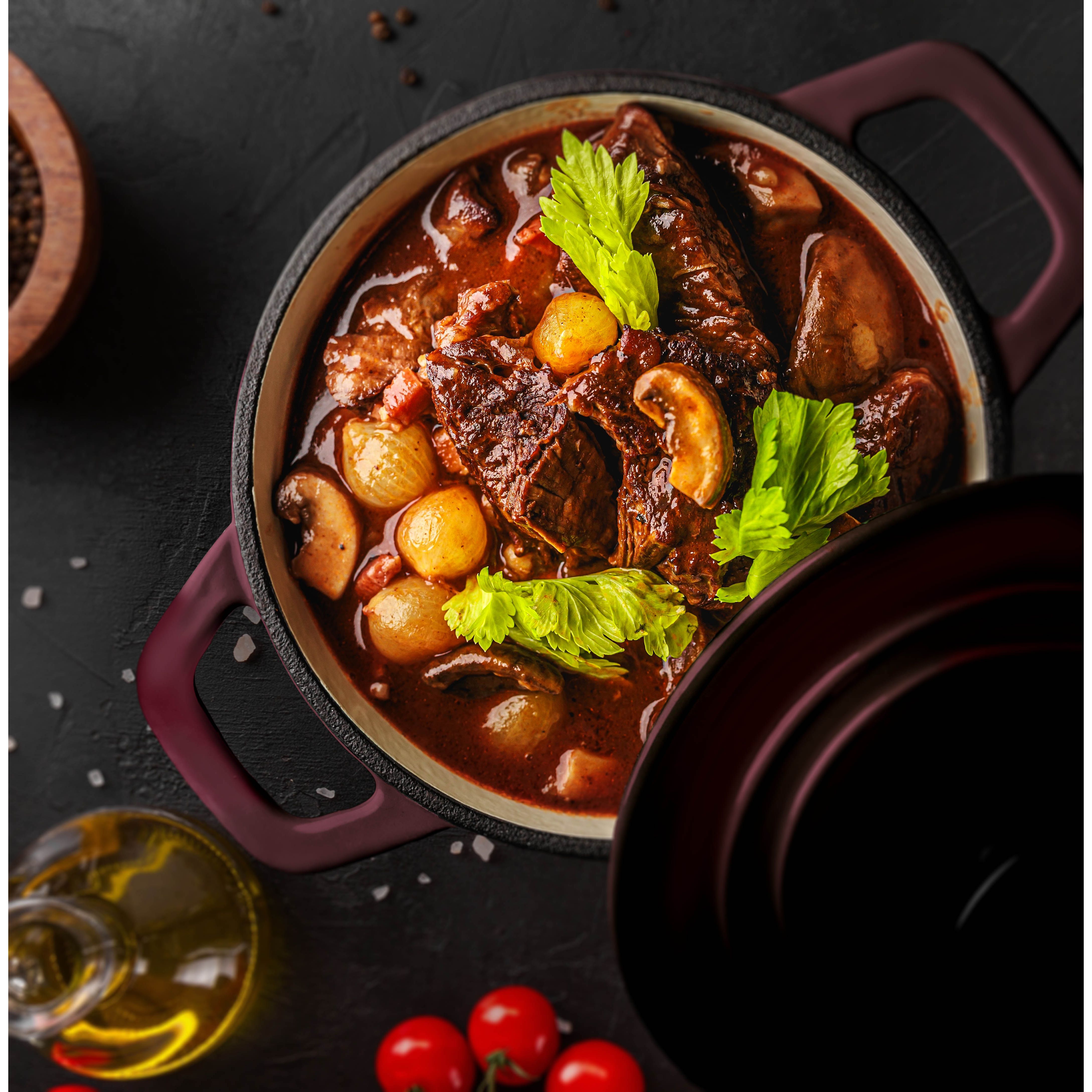 JS GOURMET Enamelled Cast Iron Round Cocotte Bordeaux 5.3L with Lid