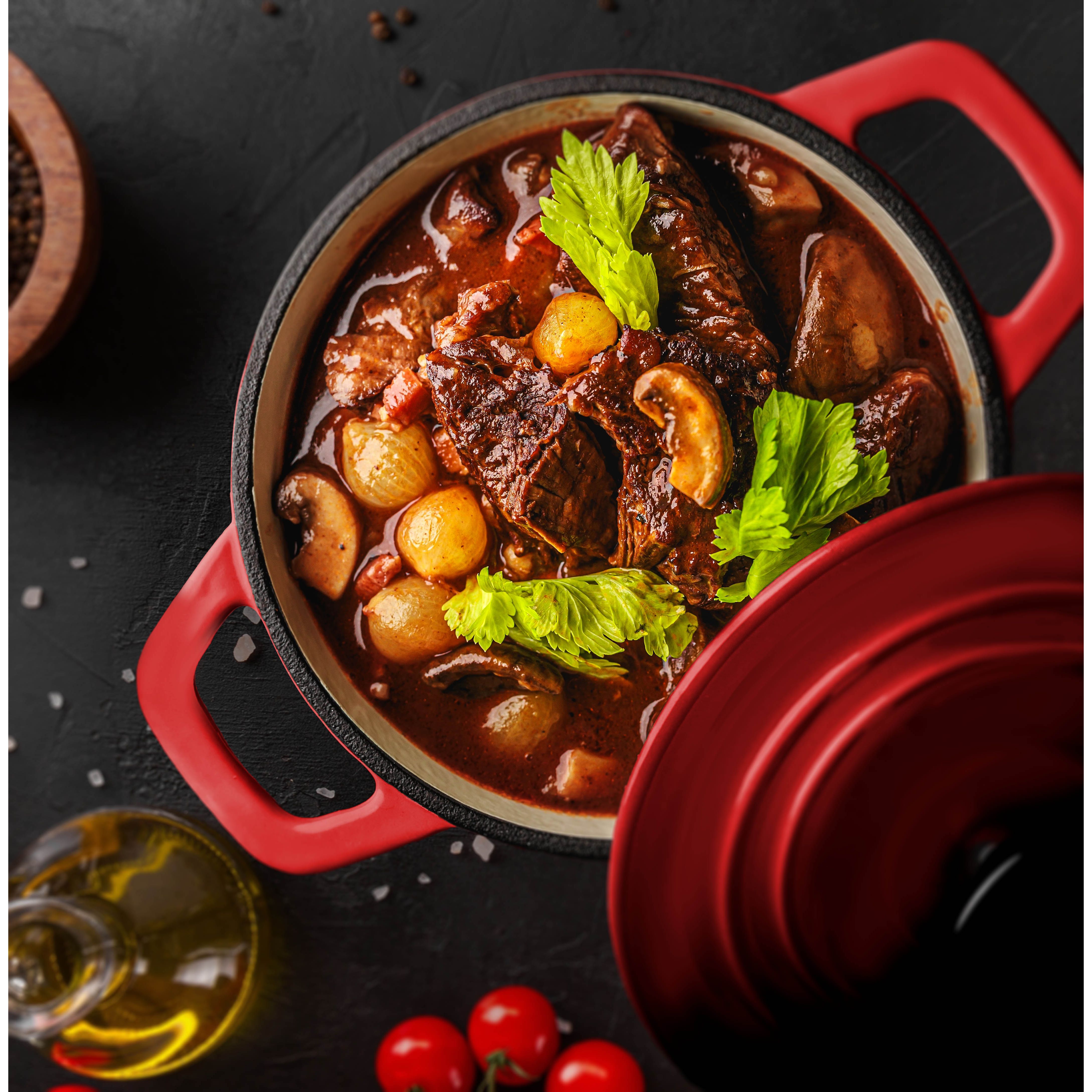 JS GOURMET Enamelled Cast Iron Round Cocotte Cherry Red 5.3L with Lid