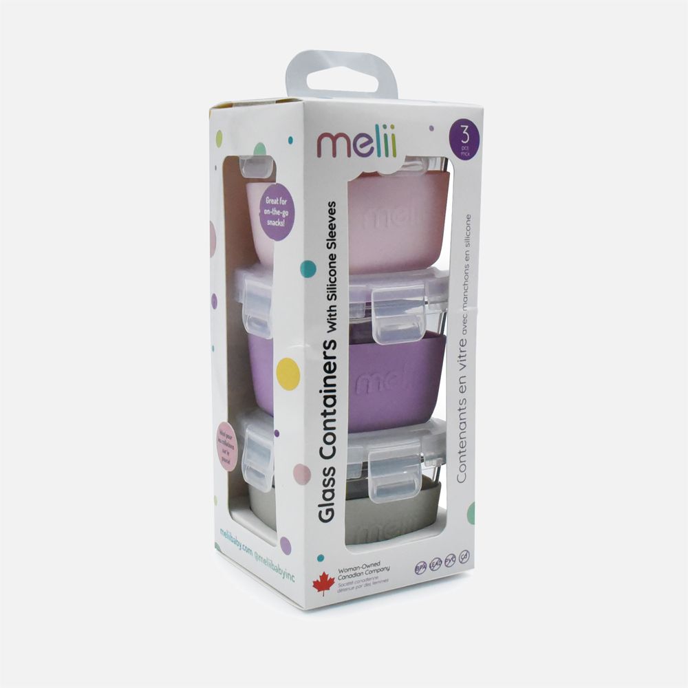 Melii Glass Containers with silicone sleeve - 5.4oz, Set of 3, Pink, Purple, Grey