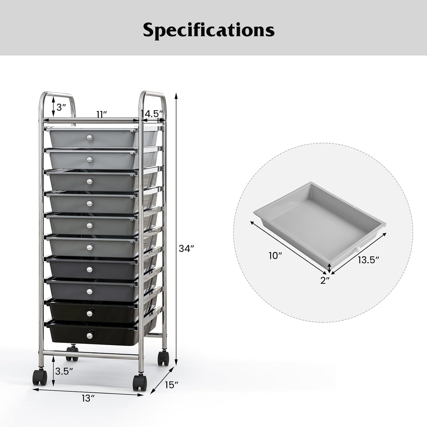 10 Drawer Rolling Storage Cart Organizer, 4 Universal Casters