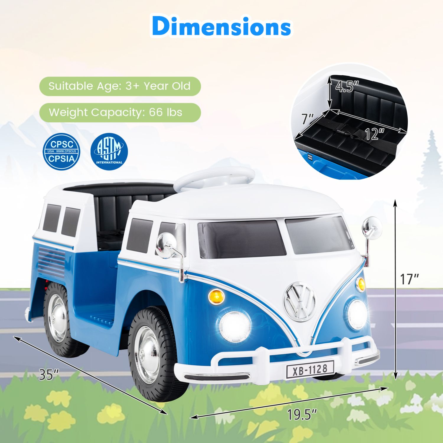 Voiture à pédales 12 V sous licence Volkswagen, bus à pédales, porte-gobelet et phares à LED, pour les 3 ans et plus - Bleu