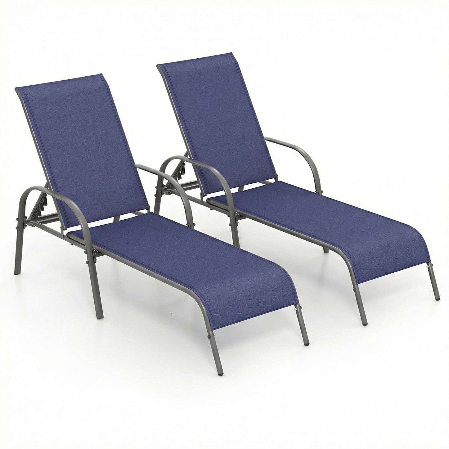 2-Piece Outdoor Patio Lounge Chair Chaise Fabric, Adjustable Reclining Armrest - Navy