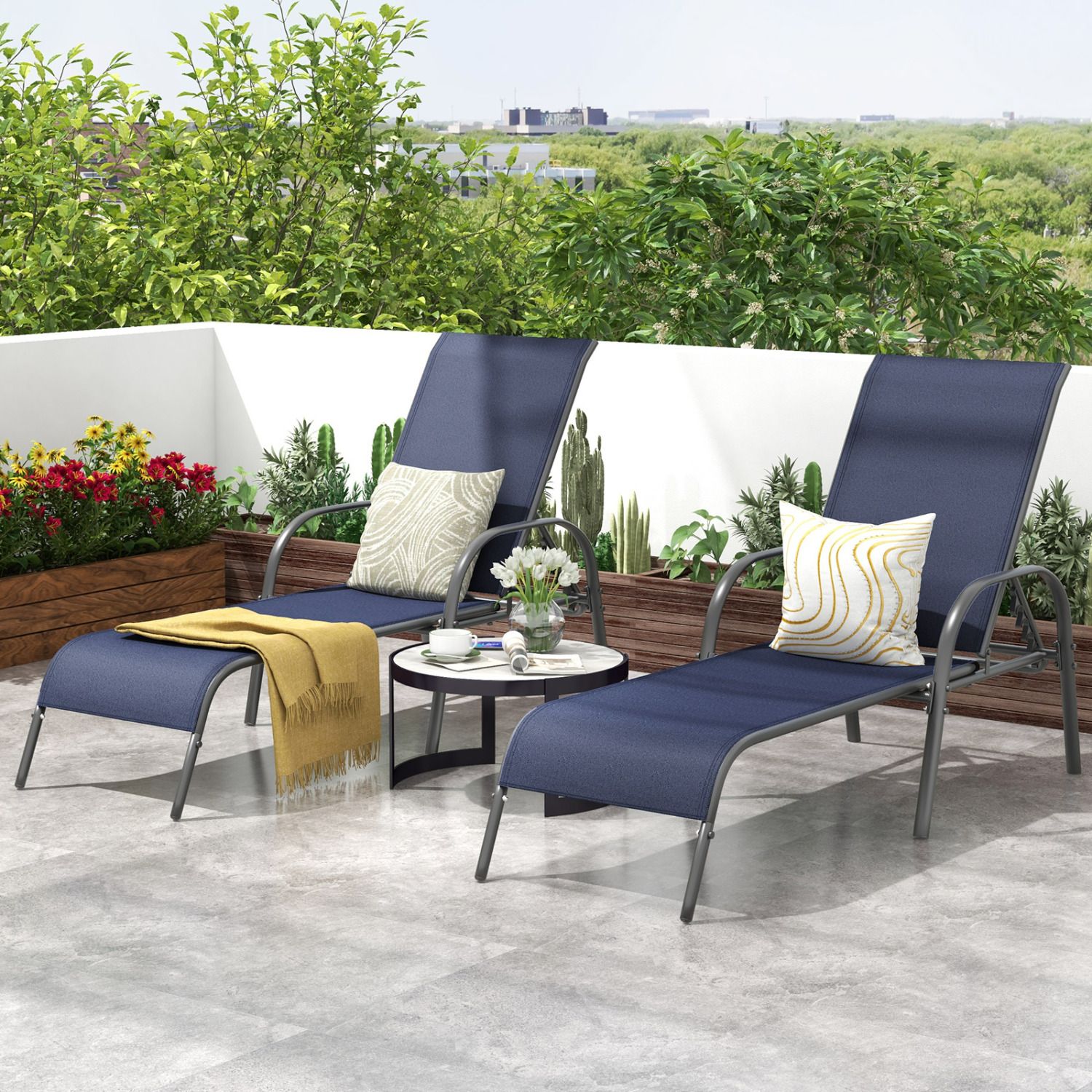 2-Piece Outdoor Patio Lounge Chair Chaise Fabric, Adjustable Reclining Armrest - Navy