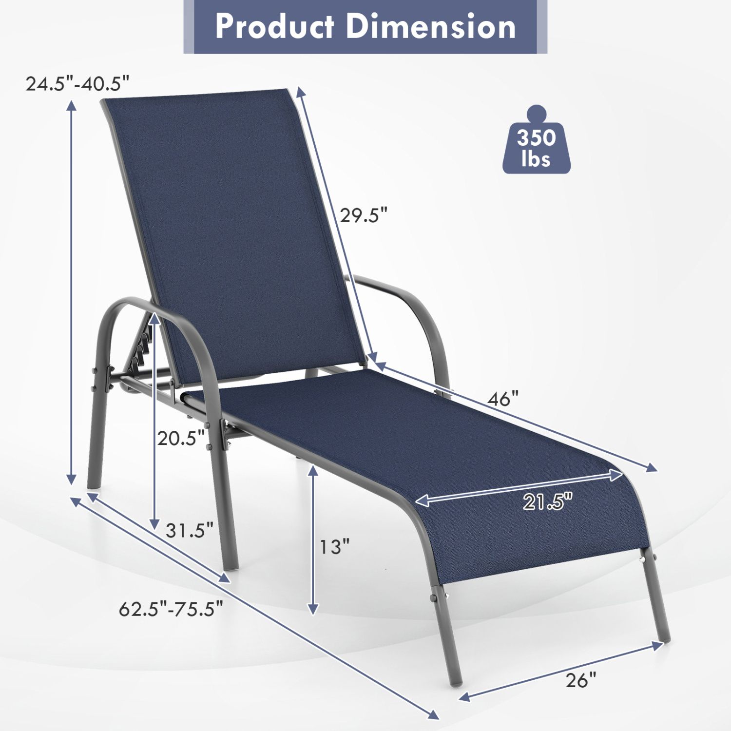 2-Piece Outdoor Patio Lounge Chair Chaise Fabric, Adjustable Reclining Armrest - Navy