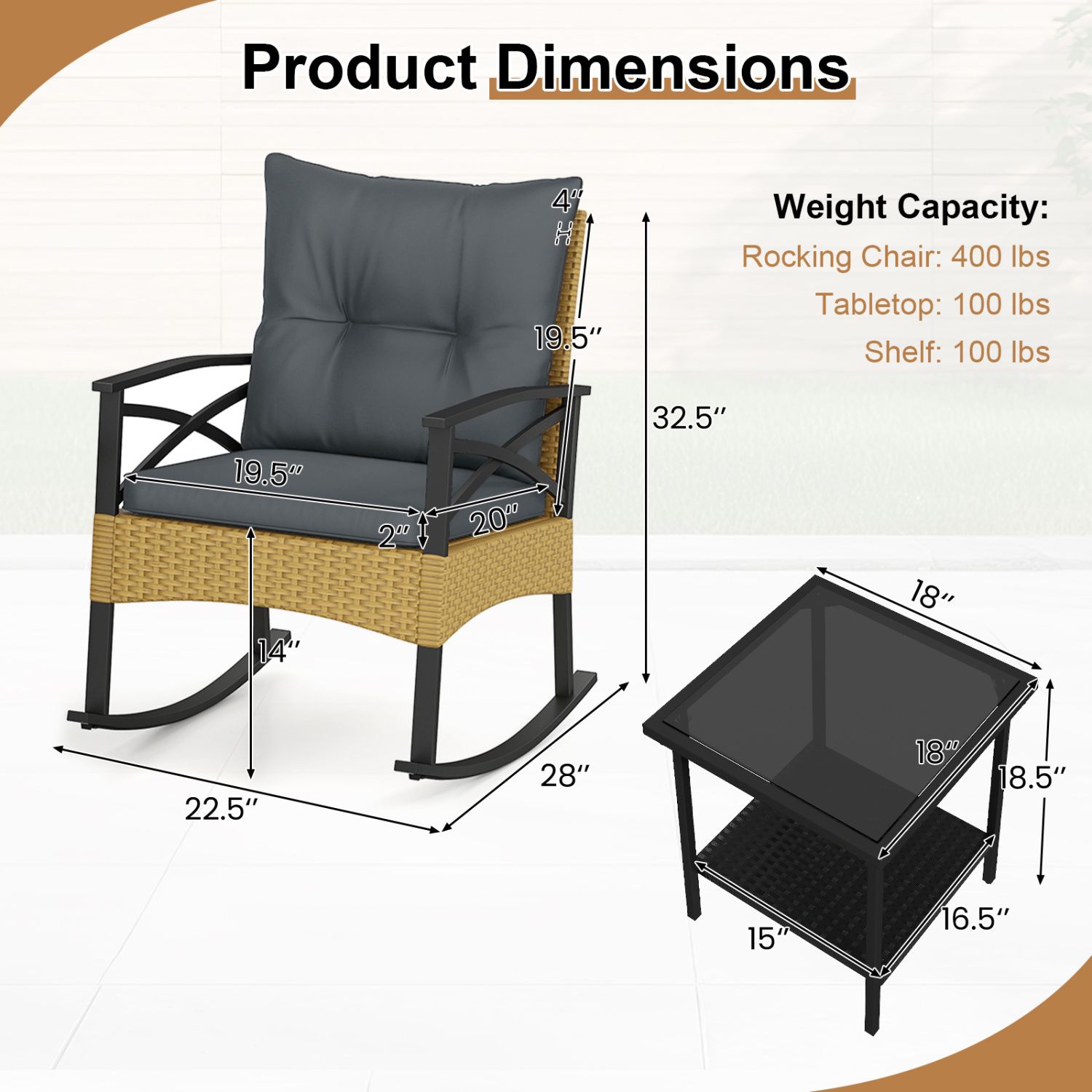 3-Piece Outdoor Rattan Rocking Chairs Set, 2-Tier Side Table for Garden Backyard - Gray