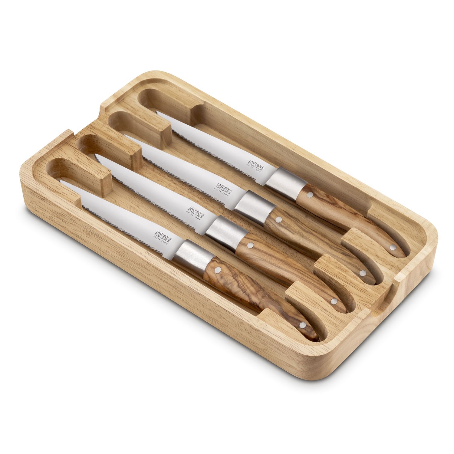Laguiole Expression Couteaux à steak avec manches en bois d’olivier, lame forgée en acier inoxydable - ensemble de 4