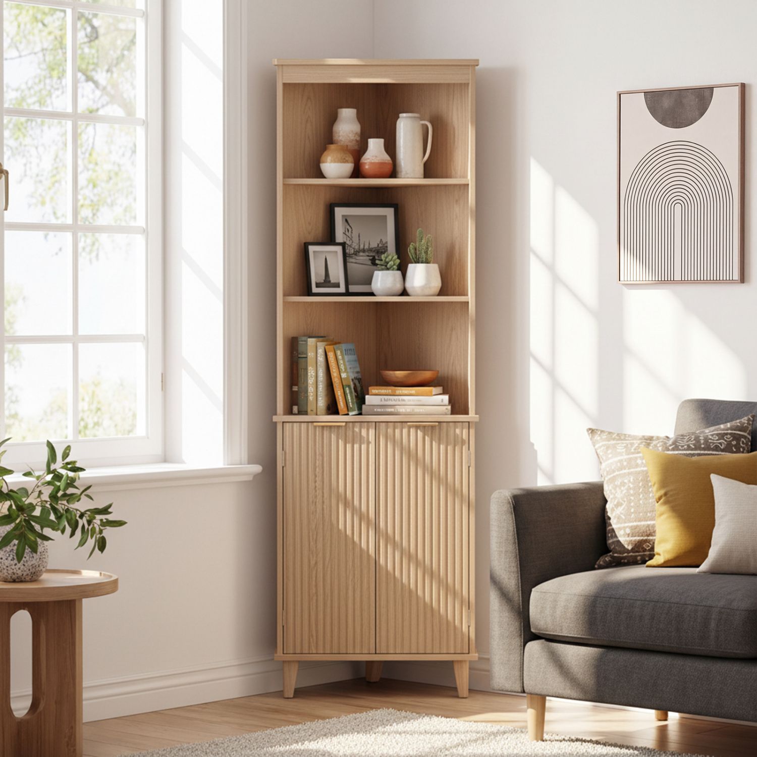 Armoire d'angle de 68 po de haut, portes cannelées pour salle de bains - Chêne