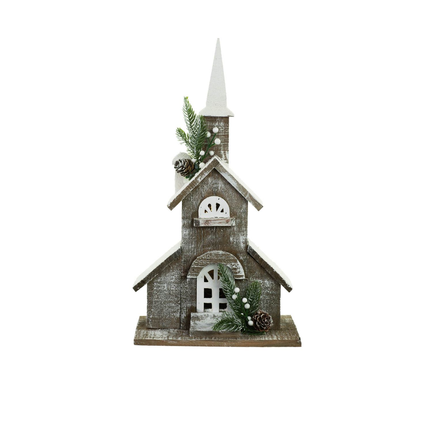 Église en bois gris avec affichage DEL