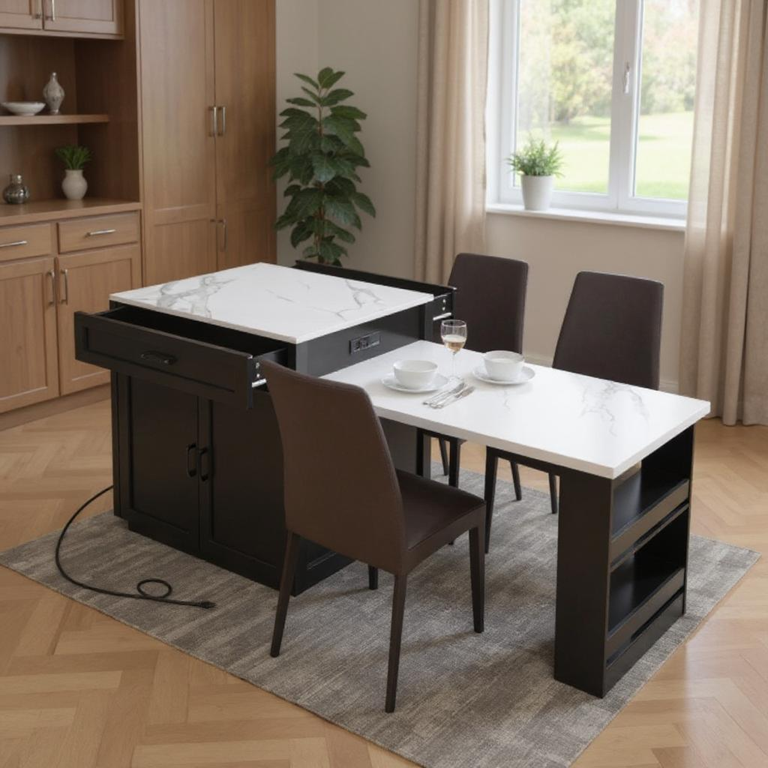 82.7" Black Kitchen Island with Extendable Table