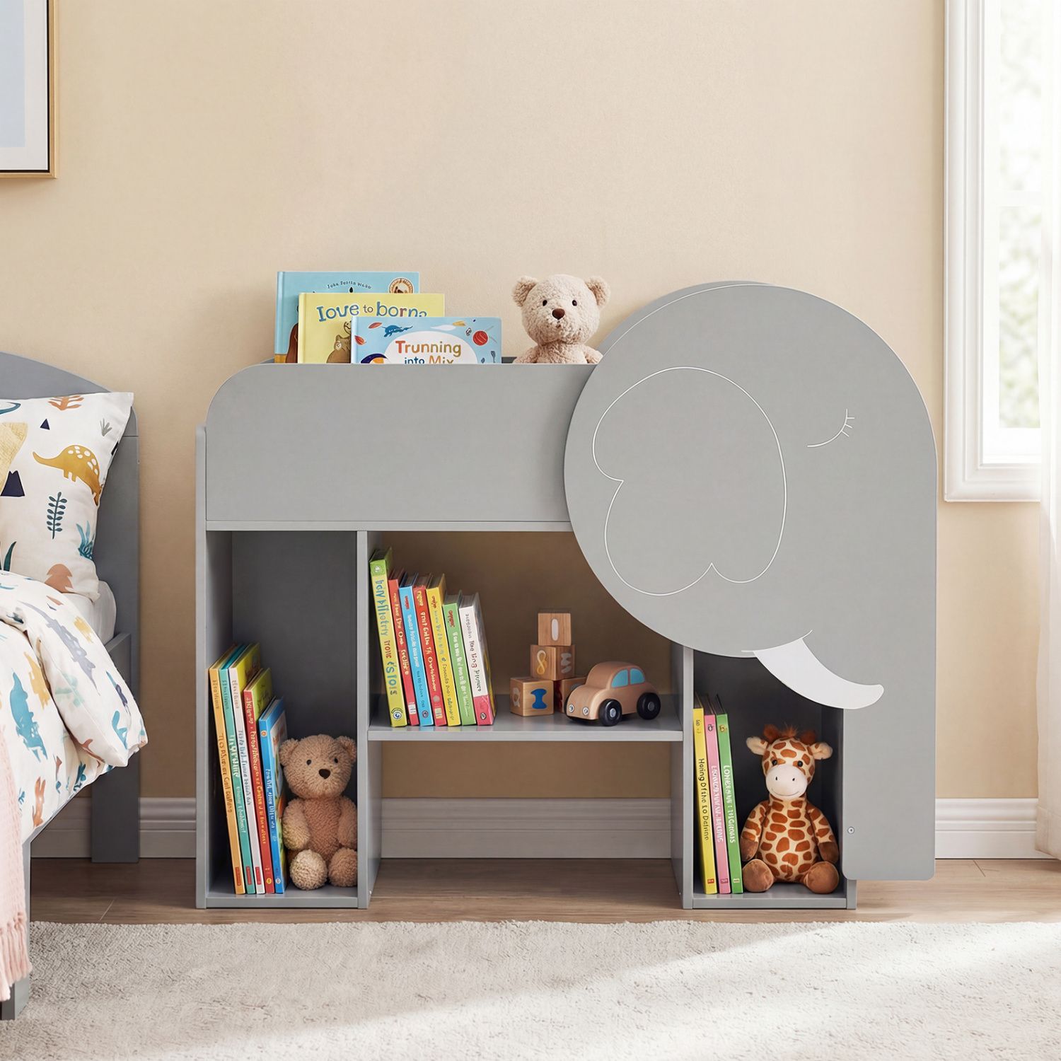 Étagère Montessori en forme d'éléphant, rangement à 3 niveaux pour jouets de tout-petits - Gris