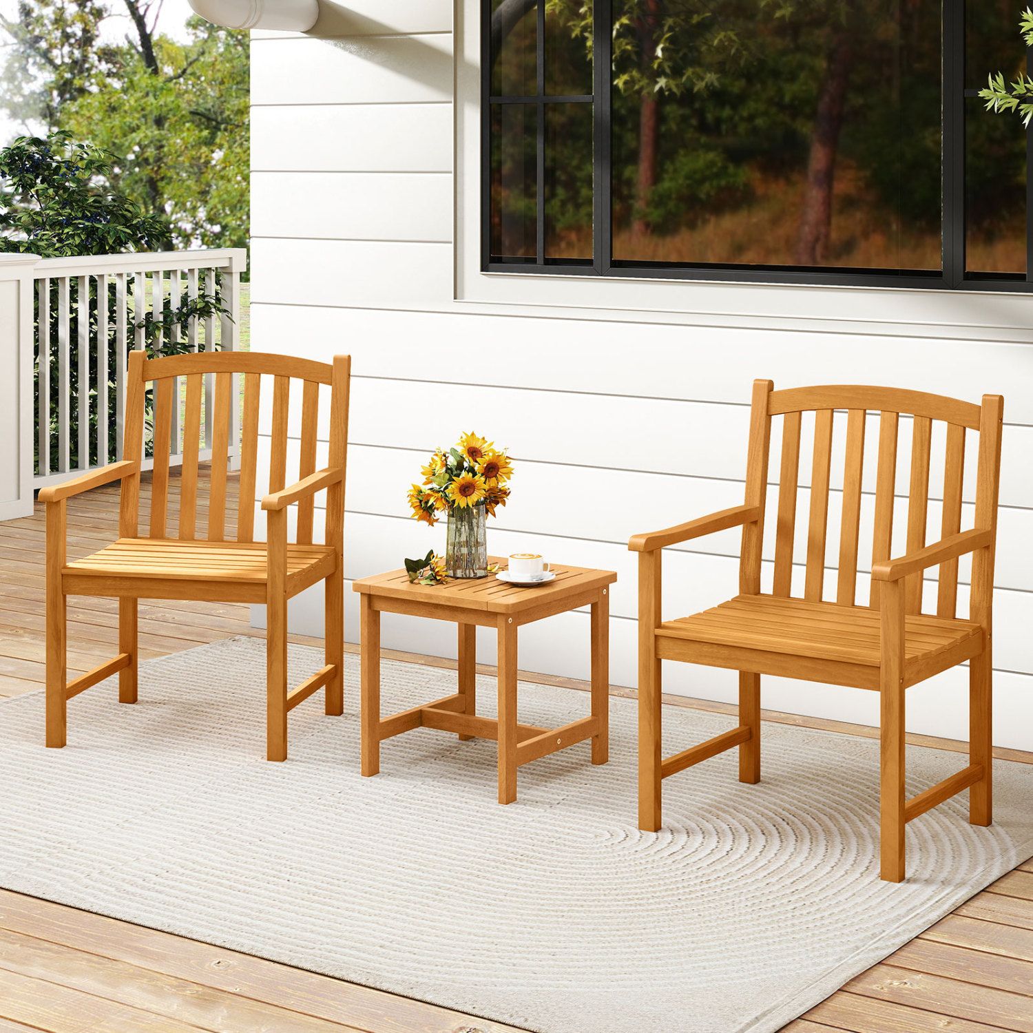 Ensemble de 2 chaises de jardin en bois d'acacia massif, assise à lattes et dossier incliné pour véranda