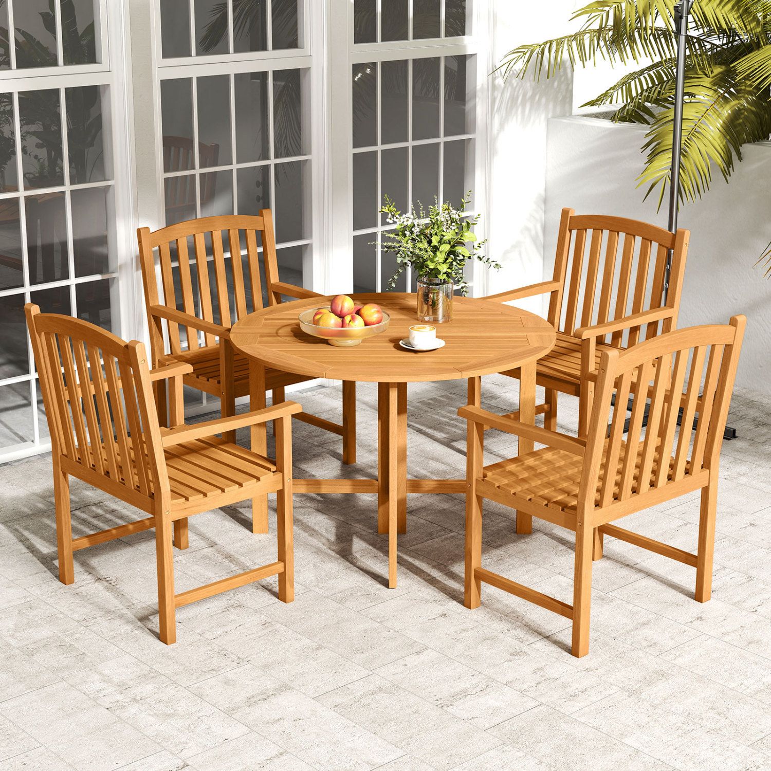 Solid Acacia Wood Patio Chairs Set of 2, Slatted Seat and Inclined Backrest for Porch