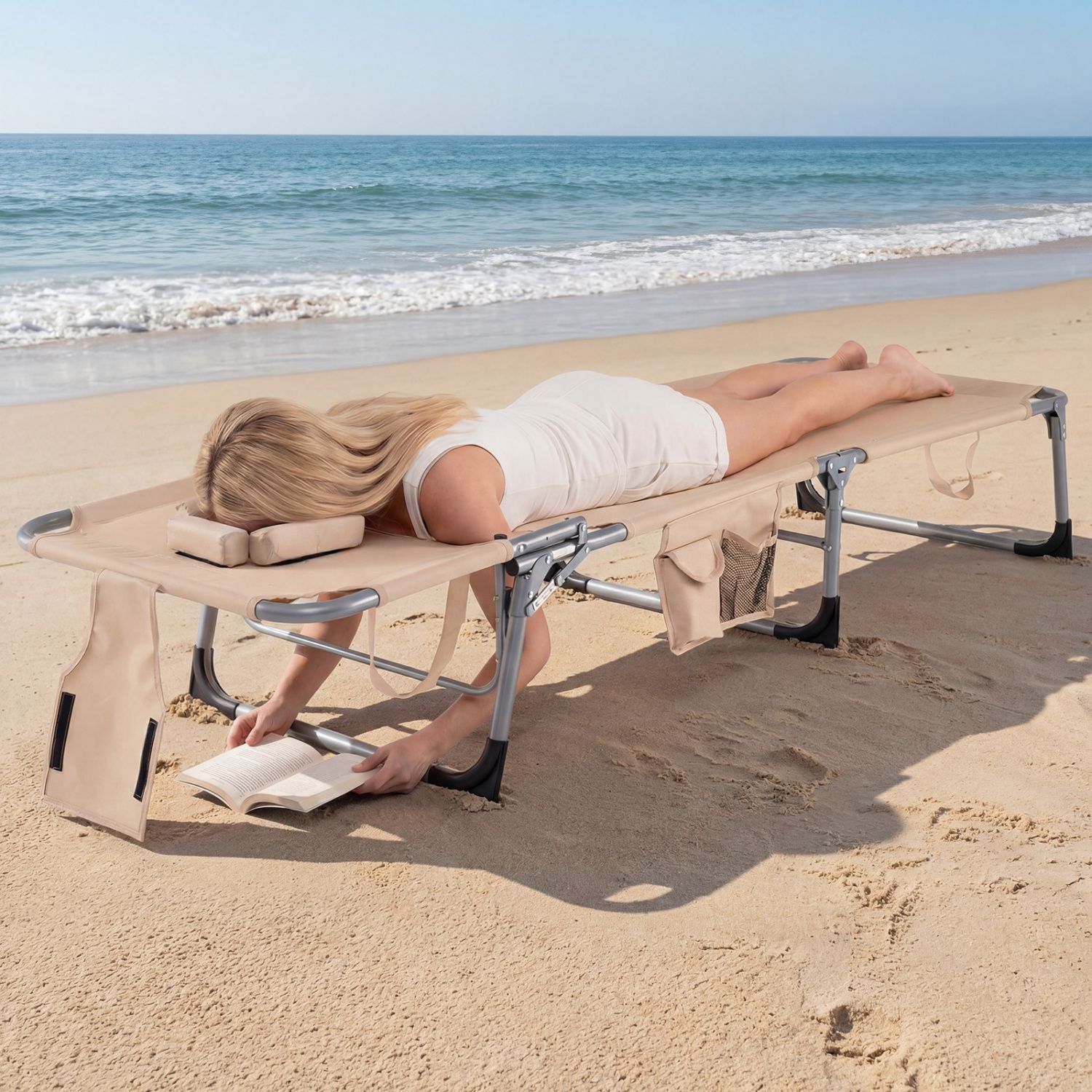 Tanning Chair, Face Arm Holes Folding Chair - Beige