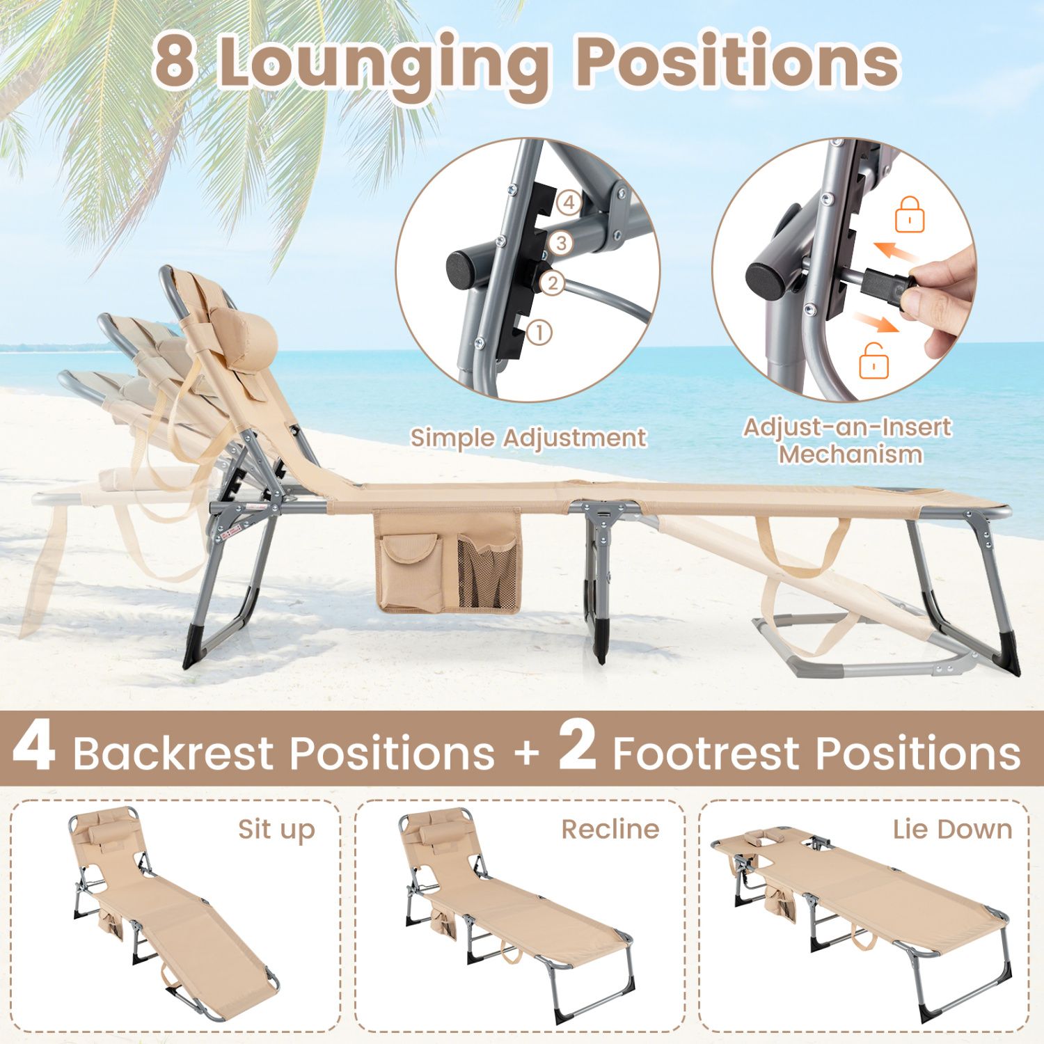 Chaise de bronzage, ouvertures pour le visage et les bras, Chaise pliante - Beige