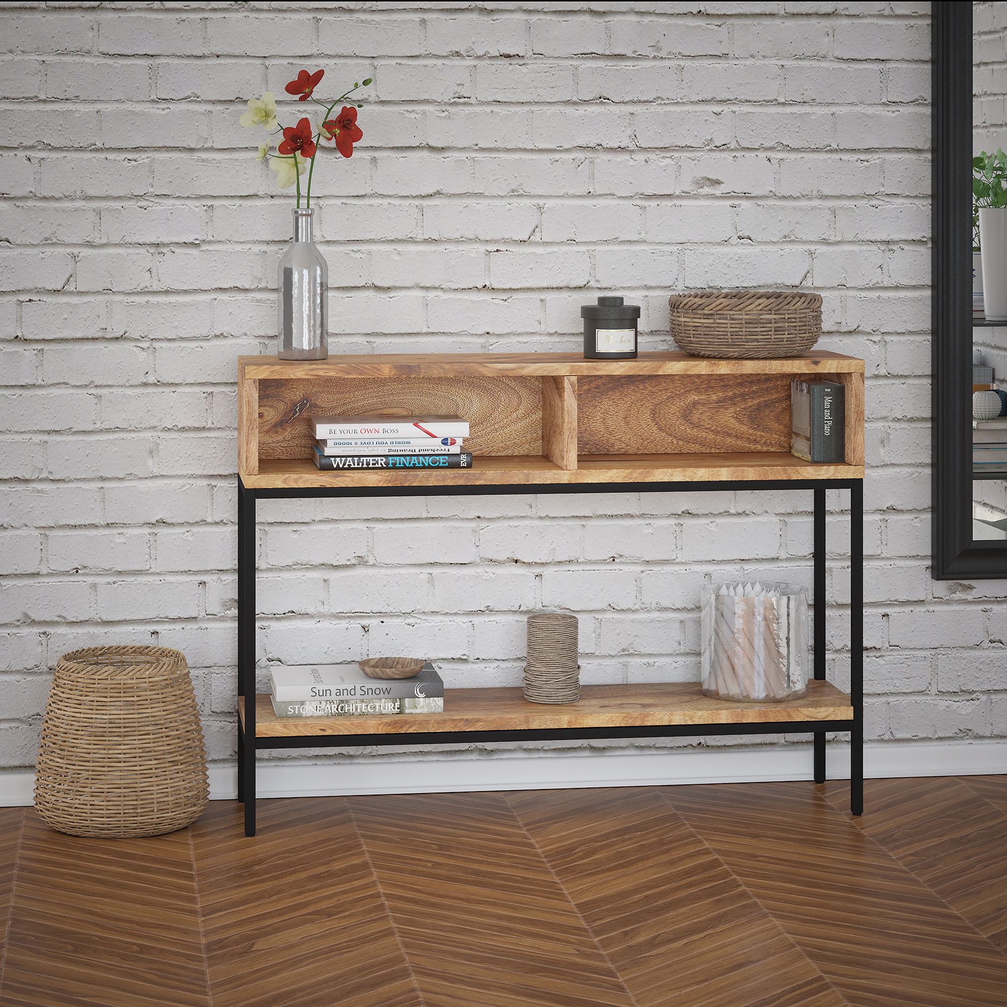 Ojas Console Table - Natural Burnt Finish/Black