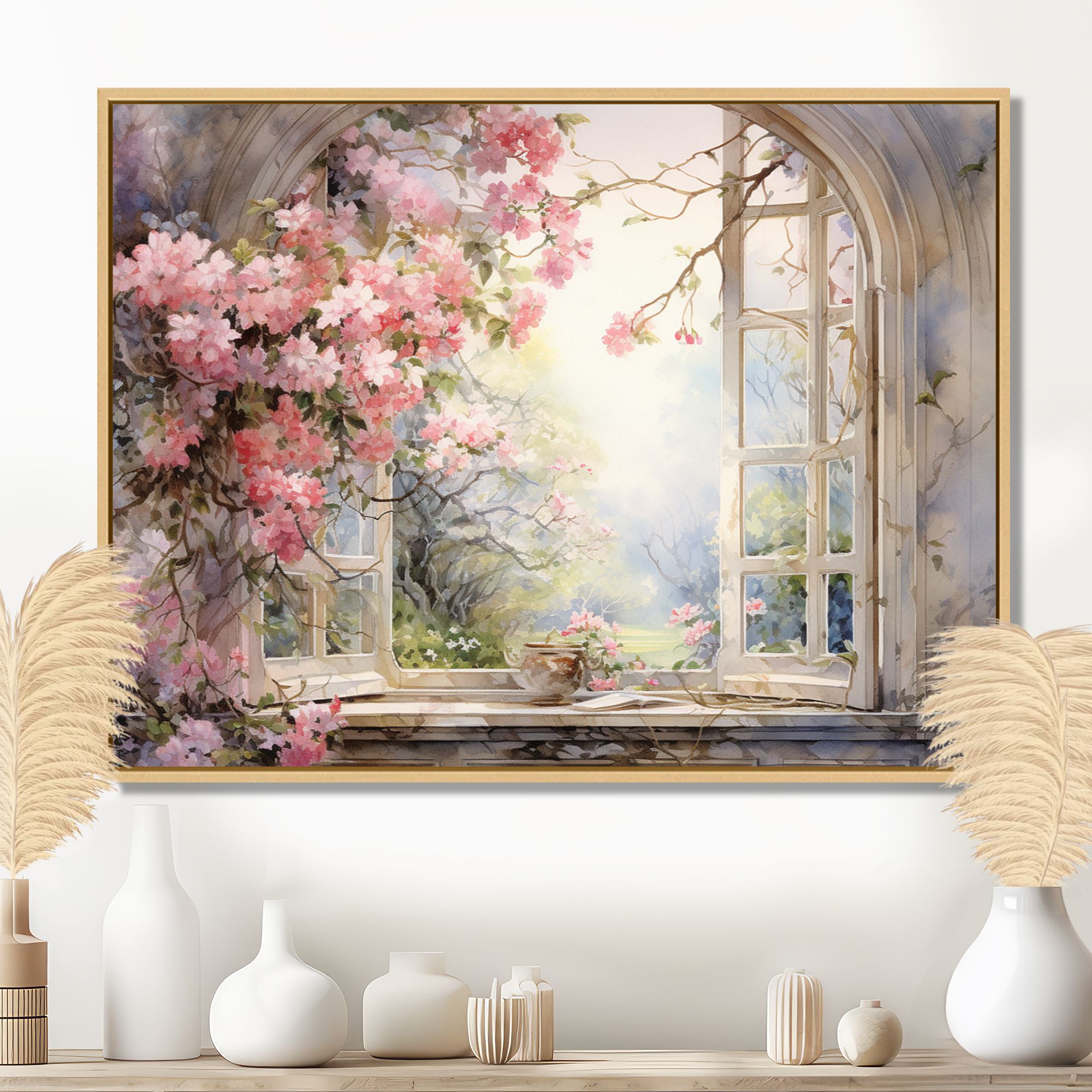 Blossoms by the Window – Pink Country Garden View