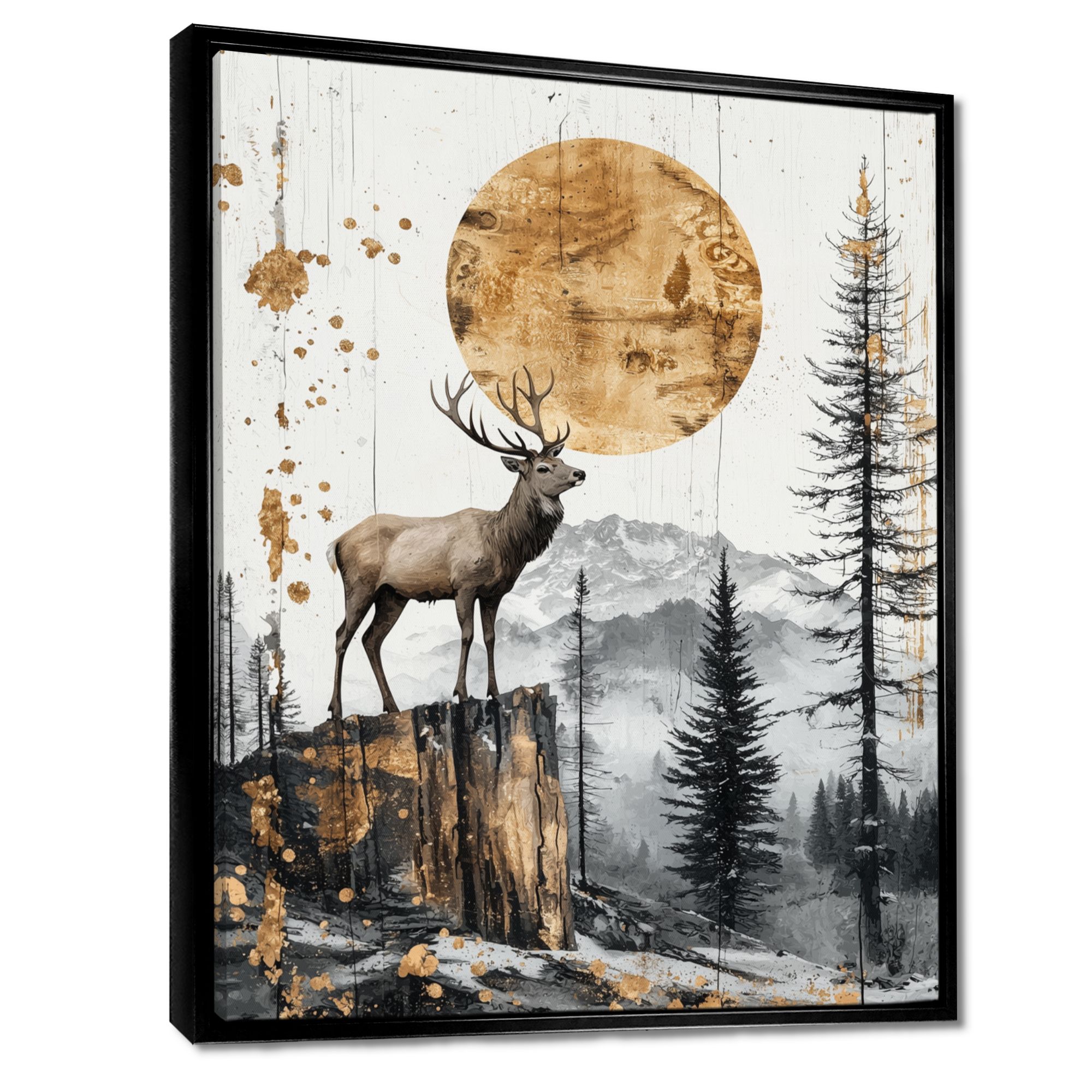 Art mural cerf doré paysage forestier « Grace in the Wild »