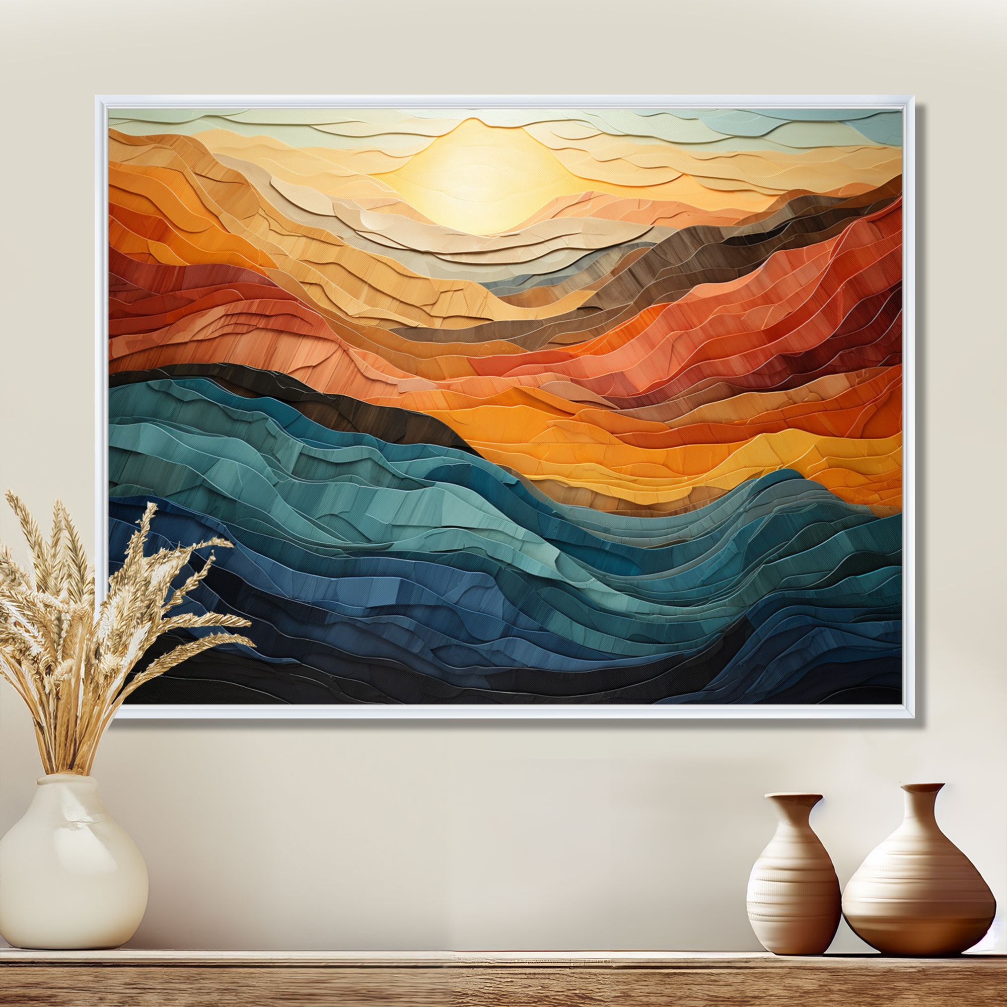 Bold Coral and Teal Mountains – Vibrant Modern Landscape