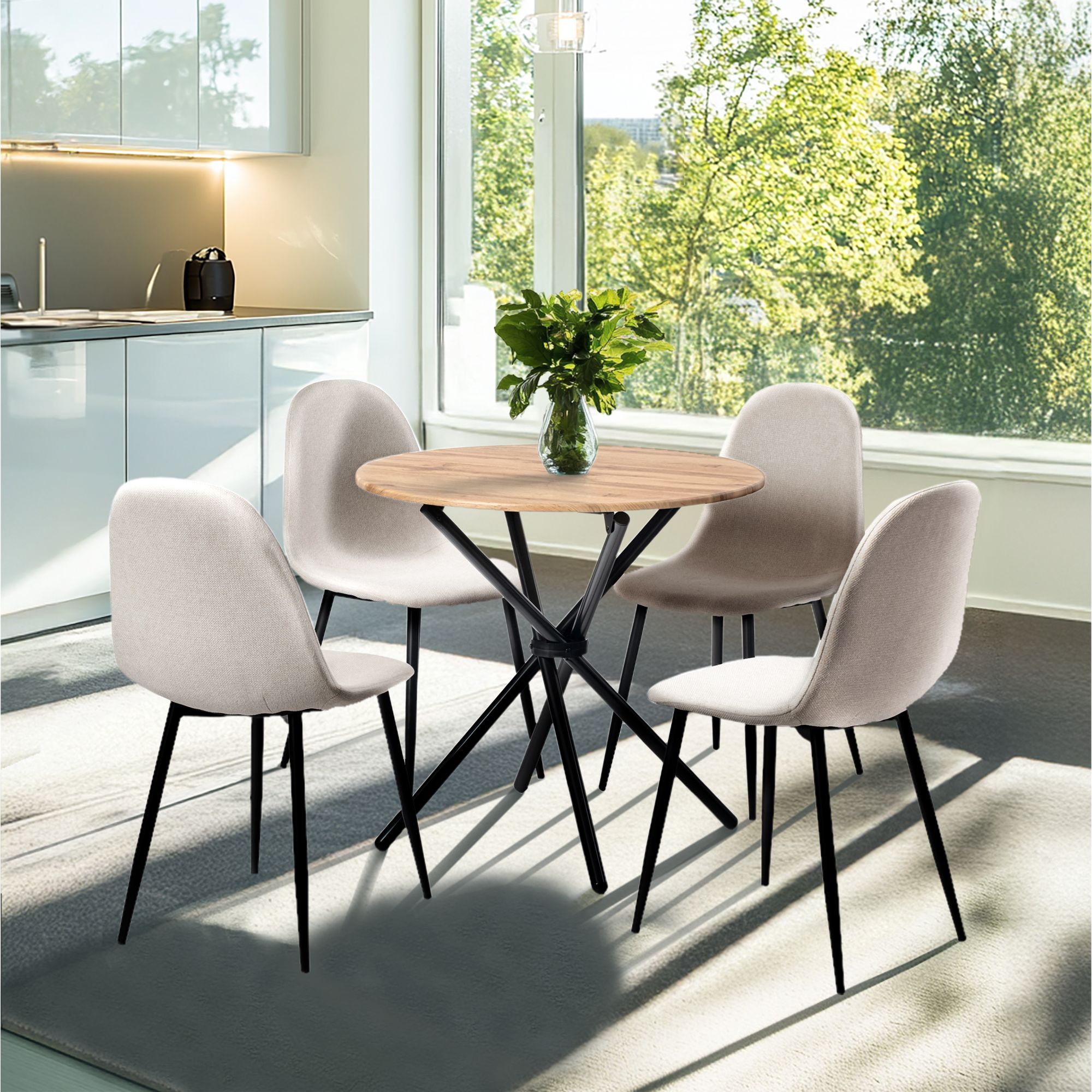 Modern 5-Piece Round Oak Dining Set with Beige Chairs