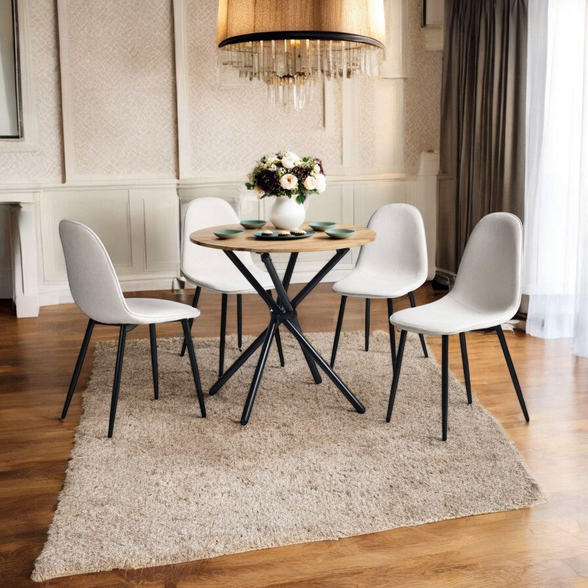 Modern 5-Piece Round Oak Dining Set with Beige Chairs