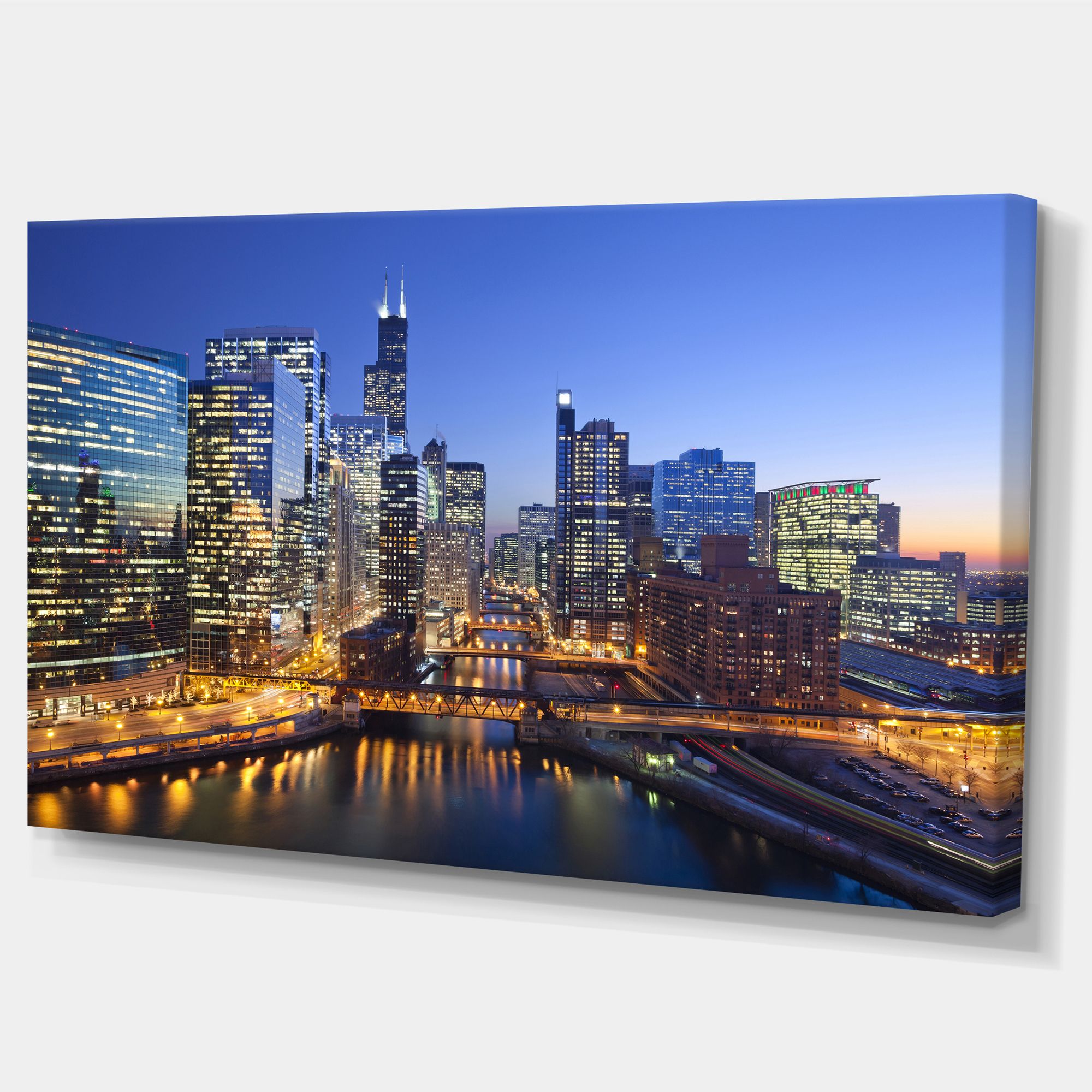 Toile « Chicago River with Bridges at Sunset »