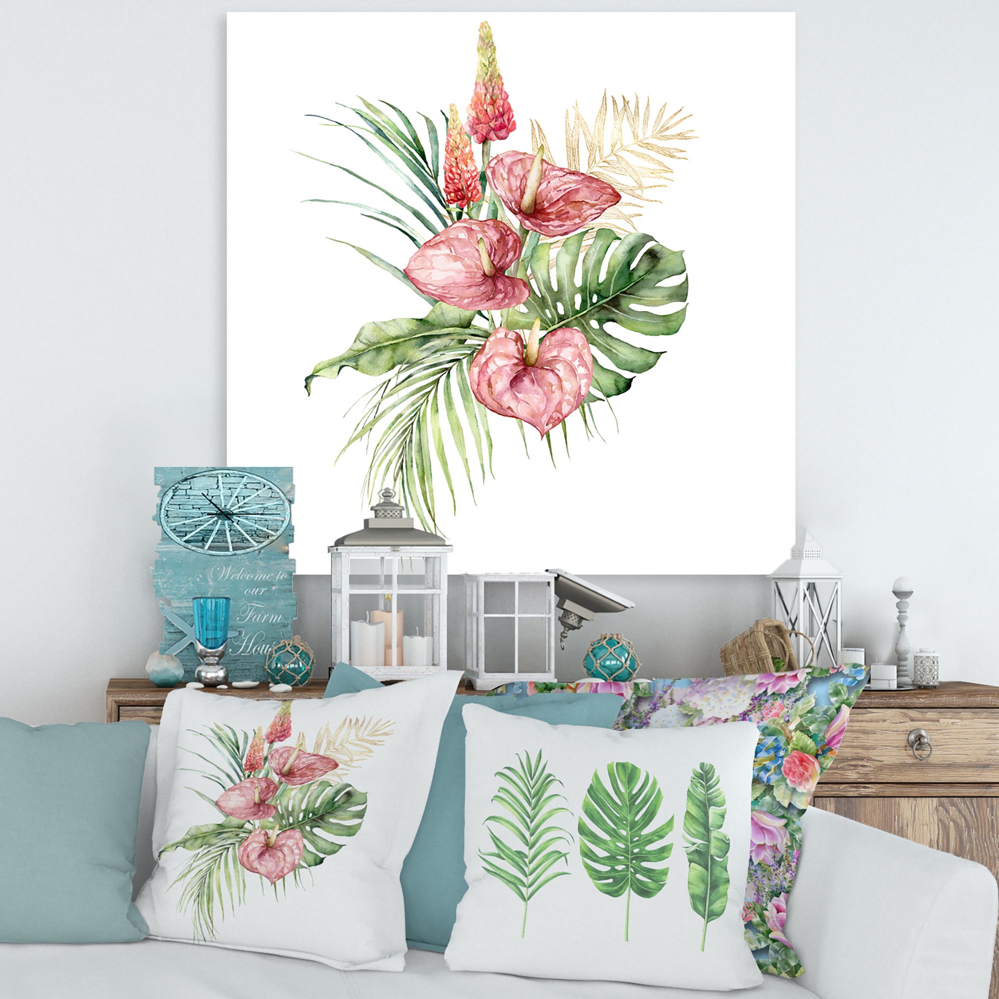 Toile « Tropical Bouquet with Anthurium Lupine & Leaves I »
