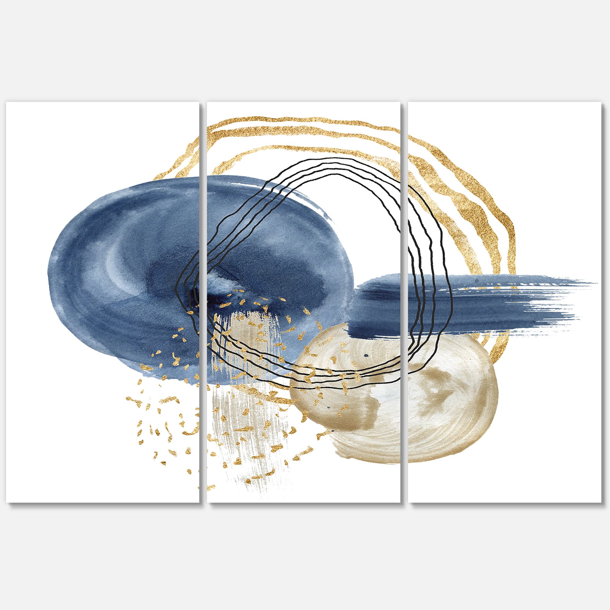 Abstract Dark Blue Gold & Black Underwater Life Canvas Wall Art Print panels