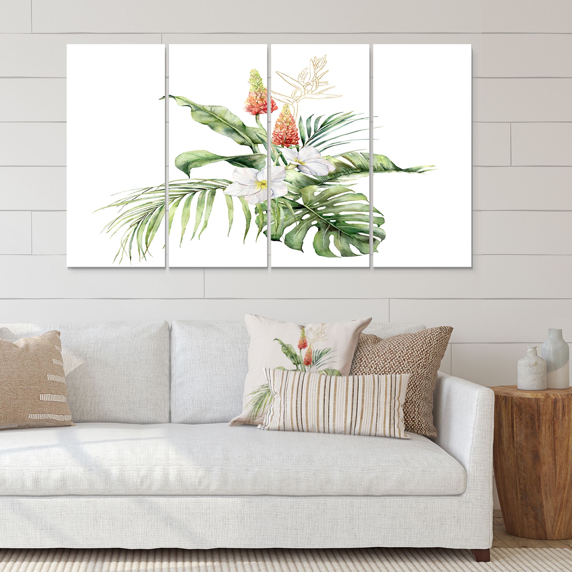 Panneaux de toile imprimée « Tropical Bouquet with Lupine Plumeria Palm Leaves »