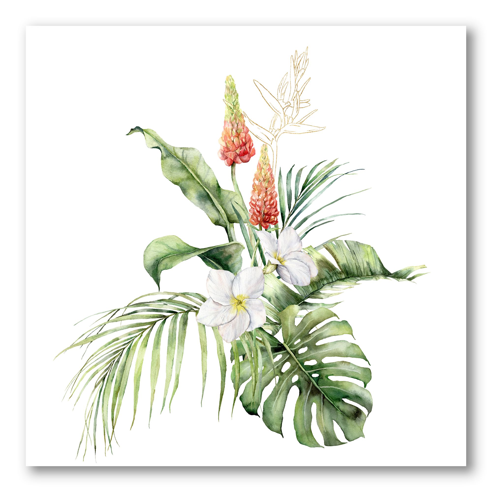 Toile imprimée « Tropical Bouquet with Lupine Plumeria Palm Leaves »