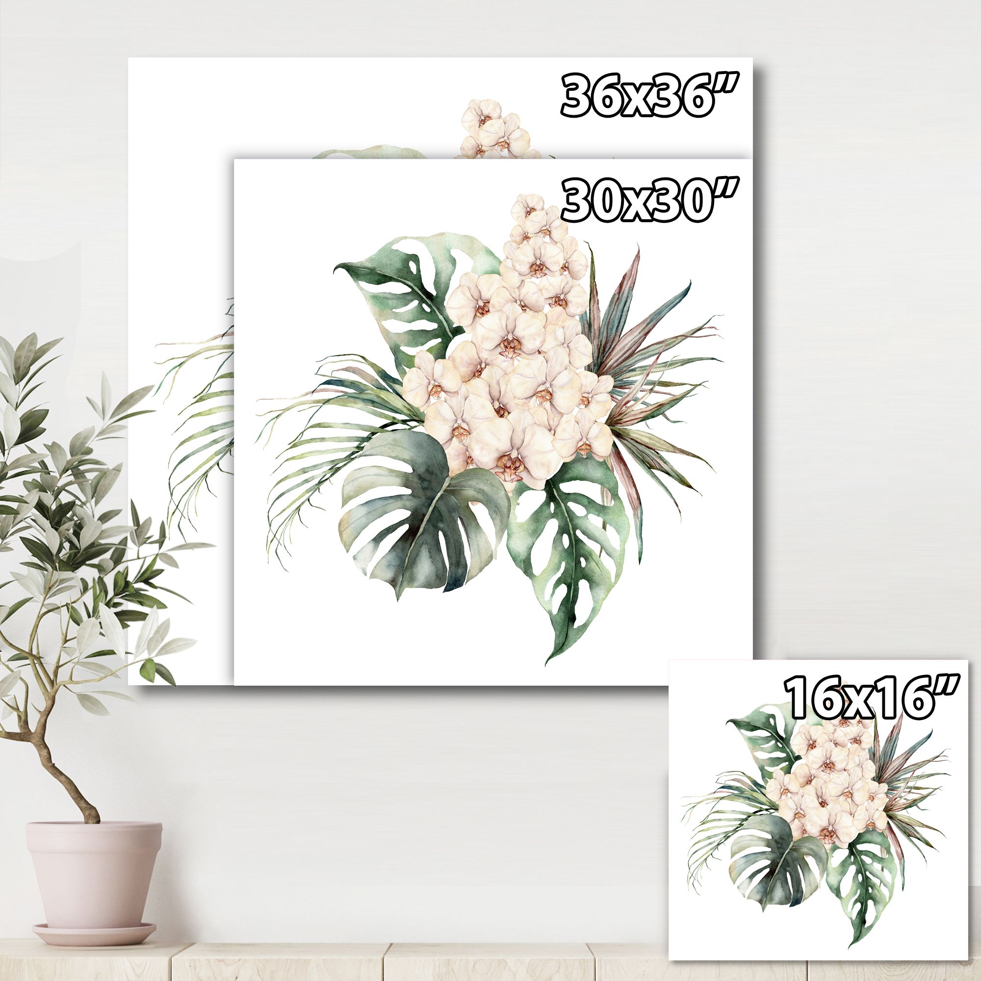 Toile « Bouquet with Orchids Monstera and Coconut Leaves »