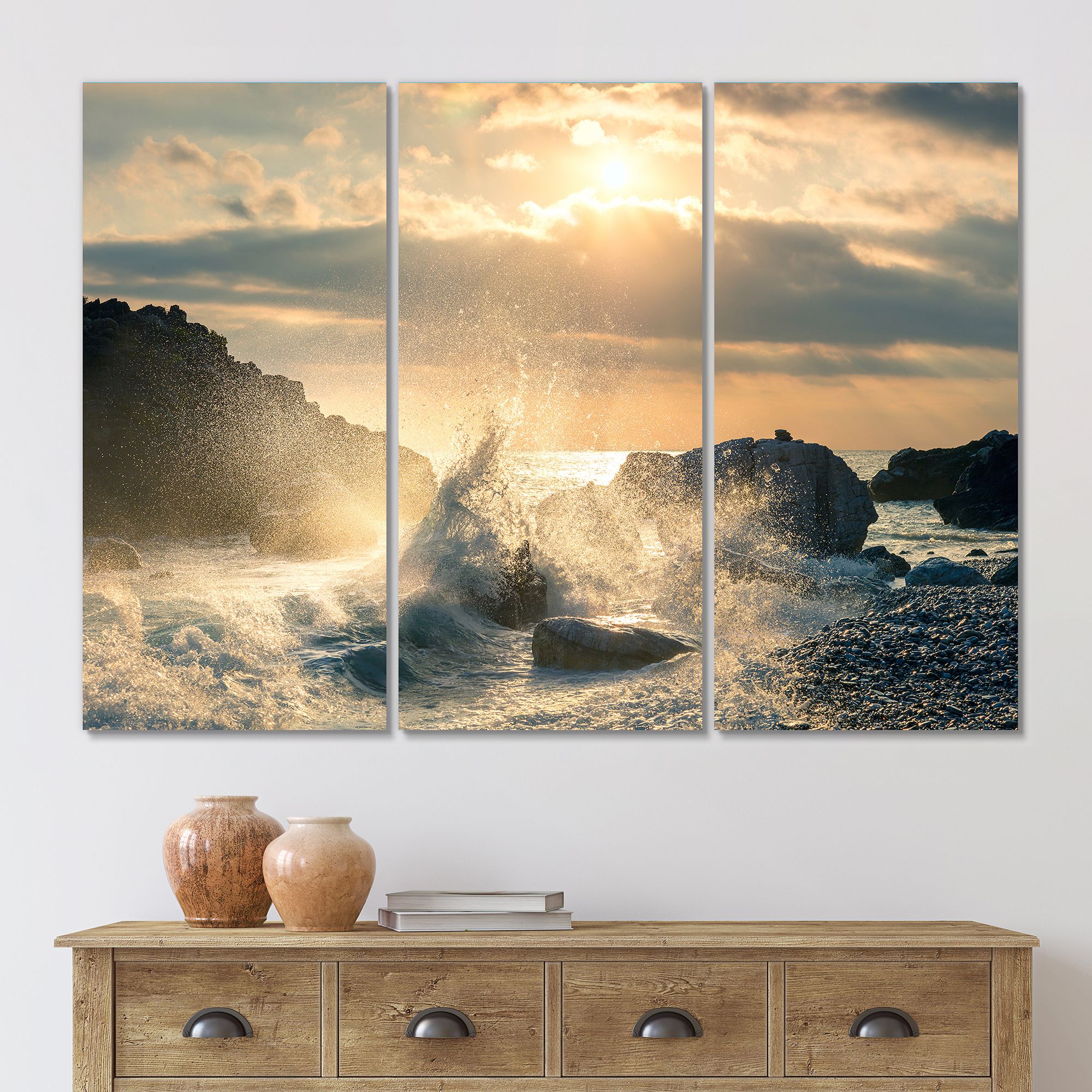 Toile imprimée « Big Wave Hit the Rock at Beach