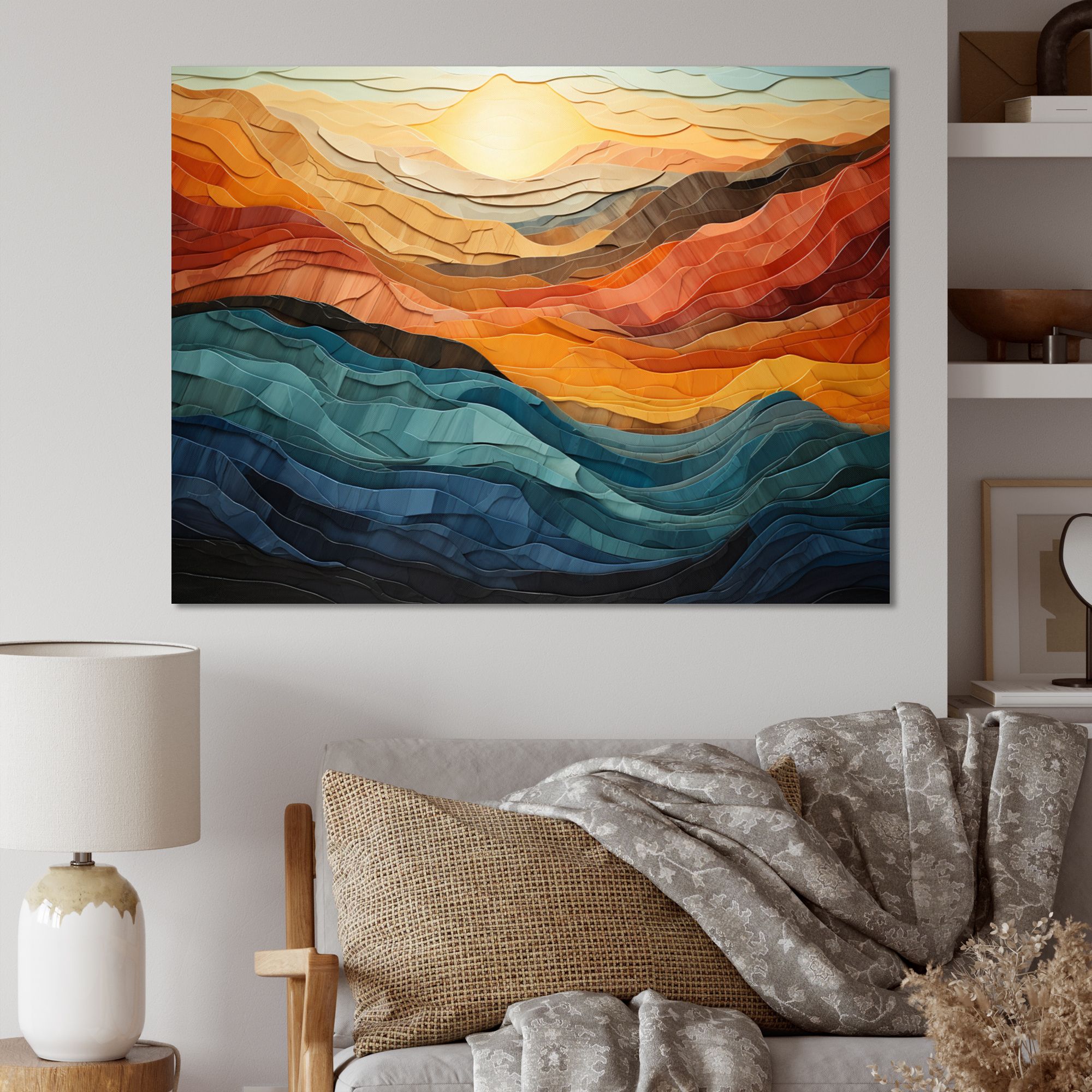 Bold Coral and Teal Mountains – Vibrant Modern Landscape