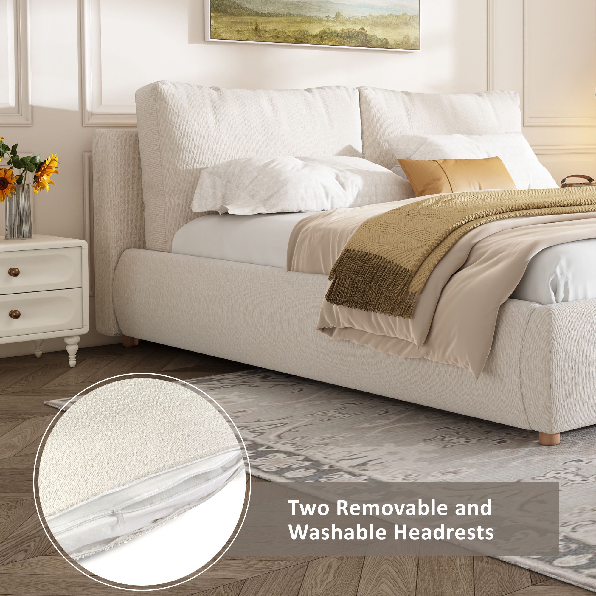 Modern Minimalist Loop-Pile Upholstered Bed Frame – King, Beige