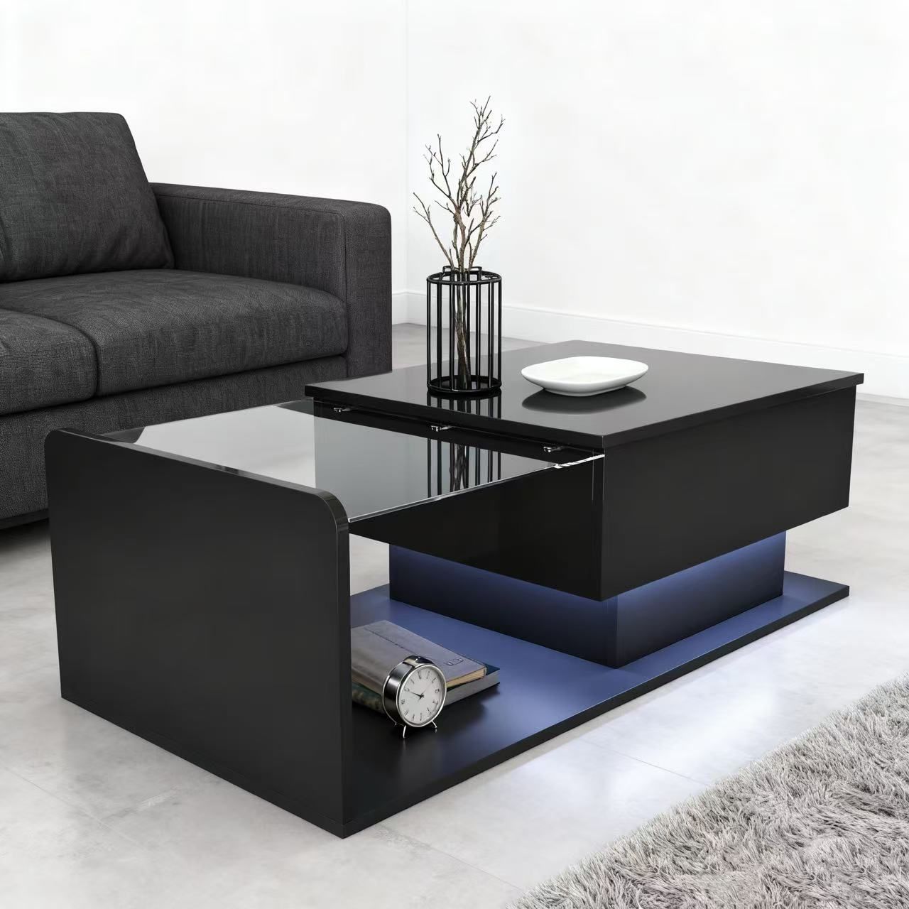 High Gloss Glass Coffee Table with LED & Lift Top