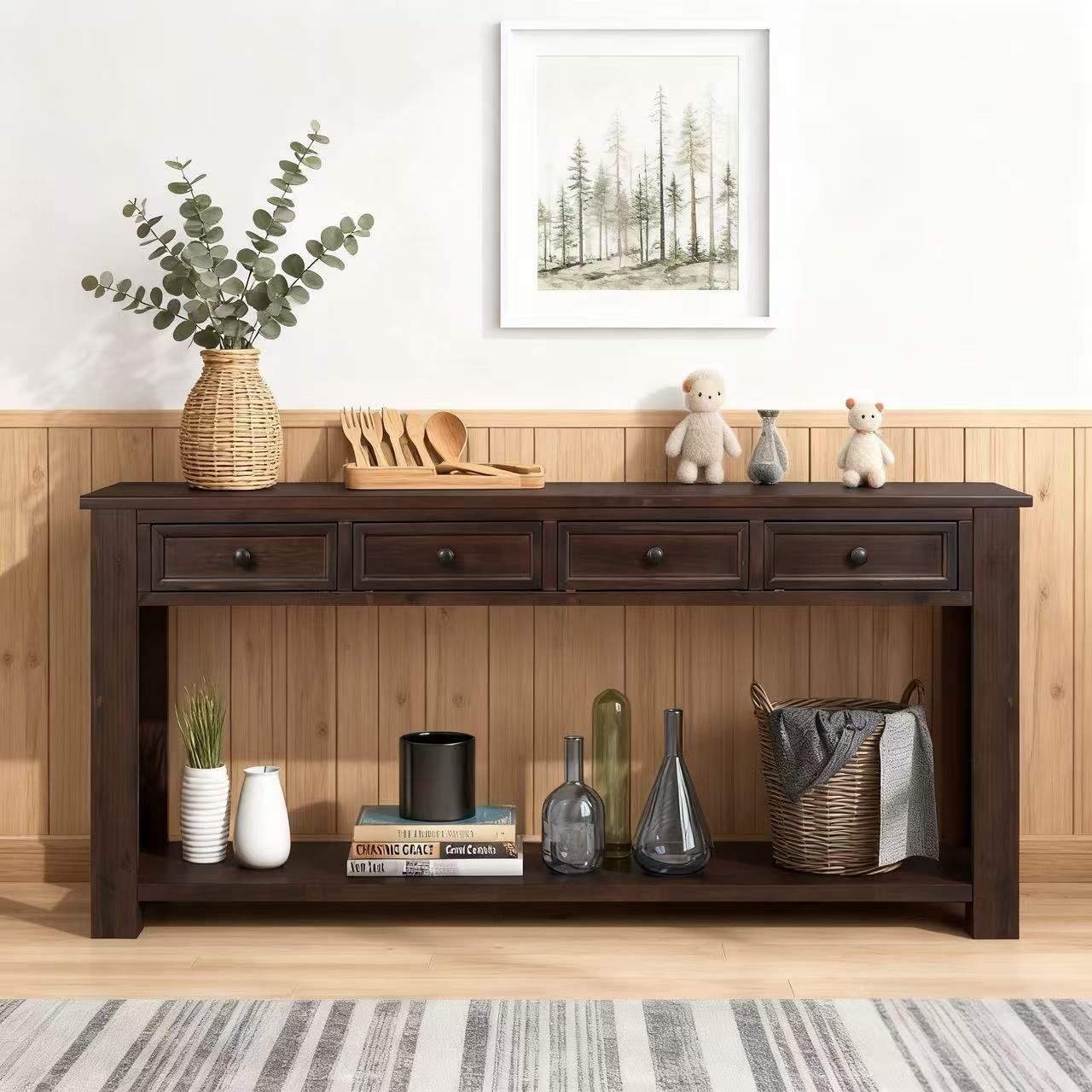Console Table with 4 Drawers & Bottom Shelf | Linen Chest