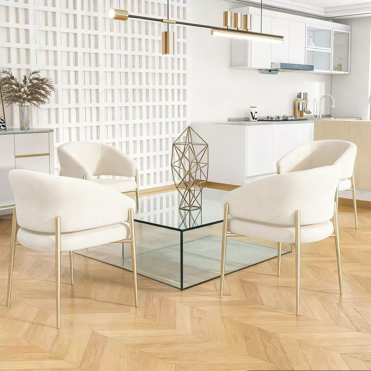 Set of 4 Mid-Century Modern White Upholstered Dining Chairs