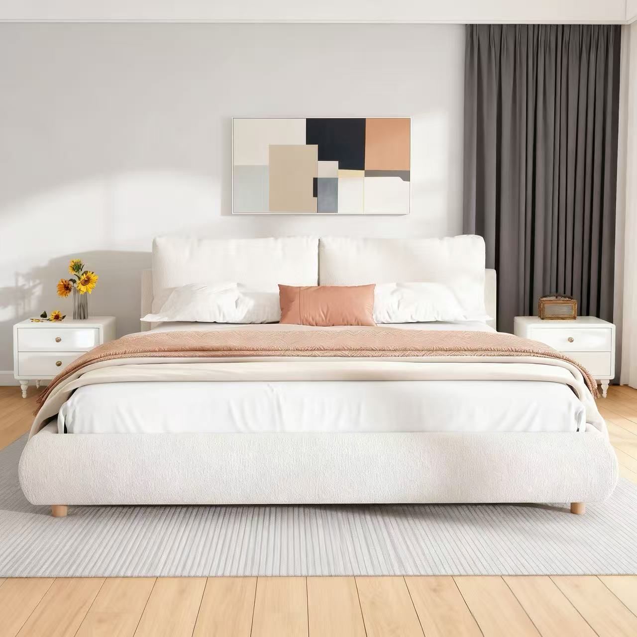 Modern Minimalist Loop-Pile Upholstered Bed Frame – King, Beige